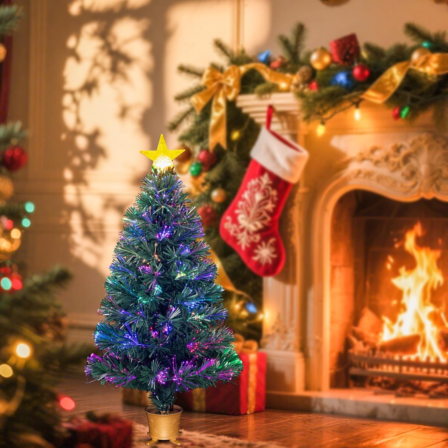 32inch Pre-lit Mini Fiber Optic Tabletop Artificial Christmas Tree，Small Xmas Trees with Stars Decorations-Gold