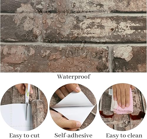 Miniatura 6 de VaryPaper Papel tapiz retro de ladrillo marrón de 32 x 354 pulgadas, despegar y pegar para dormitorio, papel de contacto de ladrillo sintético,