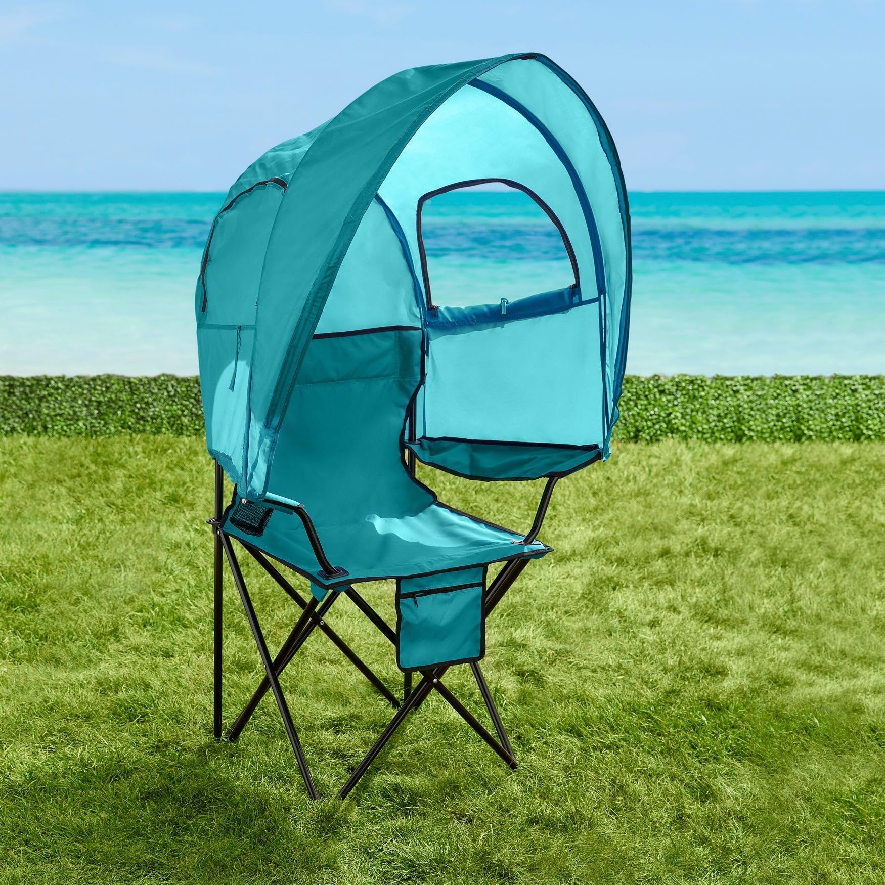 BrylaneHome Camp Chair with Canopy Shade Folding Chair, 2 Cupholders, Breeze