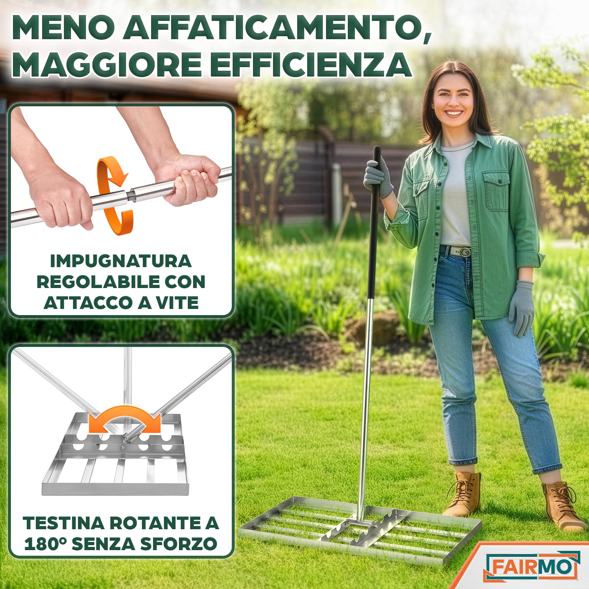 FAIRMO Rastrello livellatore per terra in acciaio inox (75x35 cm) con manico da 2 m - Fairmo Livellatore prato per sabbia e terra - Rastrello per prato largo