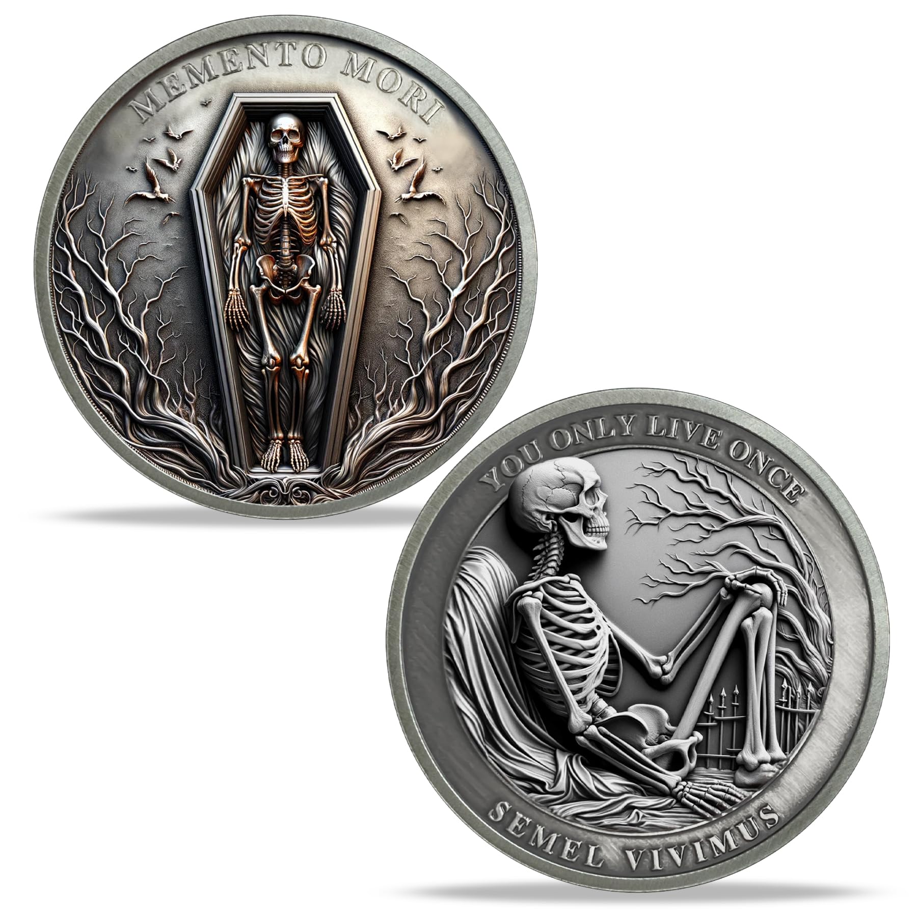 Memento Mori Coin Skeleton Coffin Memento Vivere Coin Skull Graveyard Coin, Amor Fati Reminder Coin Metal Stoic Commemorative Token Time Memento