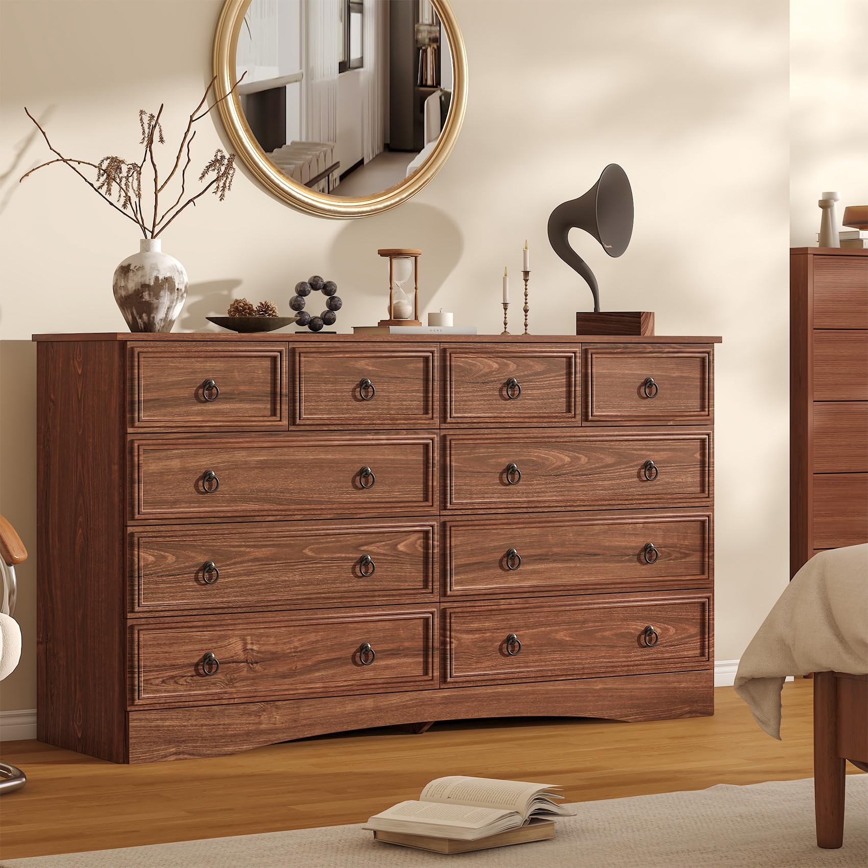 VVFLU 10 Drawers Dresser for Bedroom, 55.2 Inches Large Dressers Mid Century Modern Cherry Wood Chest of Drawers,Storage Organizer Furniture, Hallway,