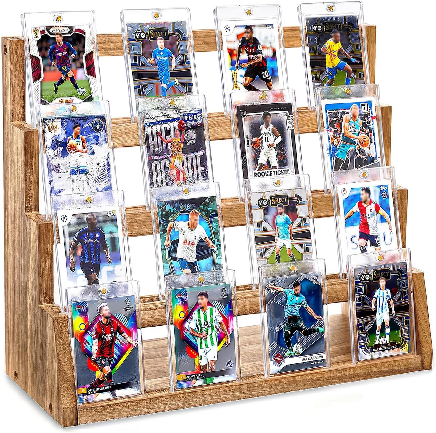 Expositor de tarjetas coleccionables, 4 niveles, madera, soporte para tarjetas de béisbol, soporte para tarjetas con soporte para tarjetas y compartimentos ajustables para tarjetas deportivas