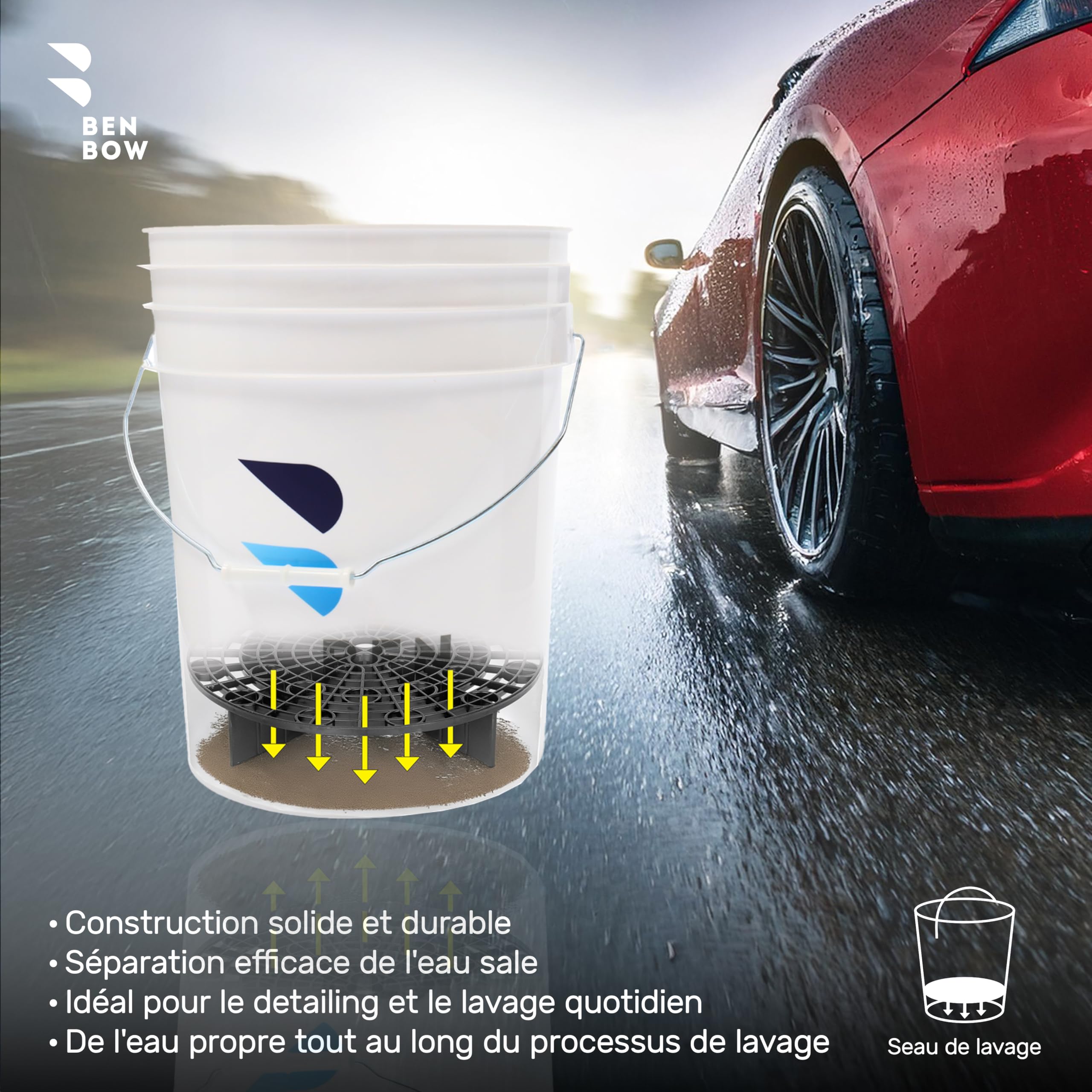 BenBow Kit Professionnel - Seau de Lavage avec Couvercle et Filtre à saleté – 20 litres Blanc – Durable et Polyvalent Parfait pour Le Lavage de Voiture - pour ateliers et Stations de Lavage