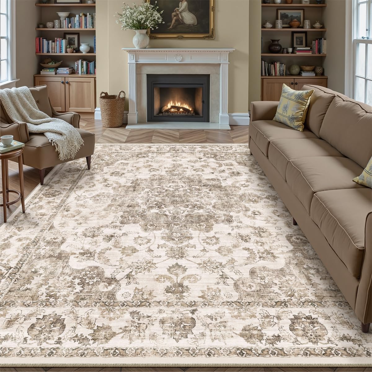 WondRg 9x12 Neutral Area Rug Brown Vintage Living Room Bedroom Washable Carpet Non-Slip Soft Low Pile Floral Indoor Large Throw Rug for Dining Room
