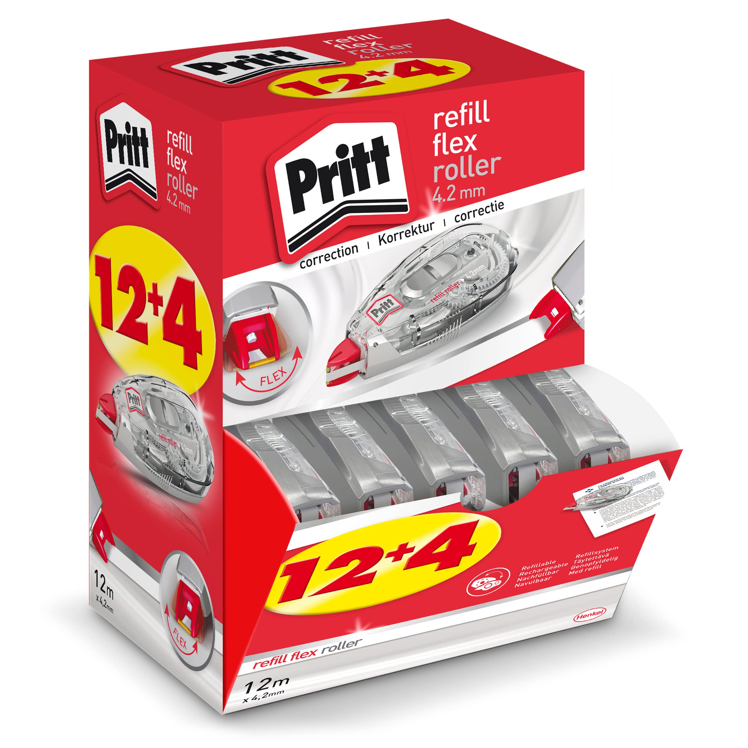 Pritt Korrekturroller Refill Flex Roller Midway, 12 + 4 Roller im Display, einfach nachfüllbar, einziehbare flexible Spitze, Push & Pull Funktion, Breite 4,2mm, Länge 12m, 9H PRR4M