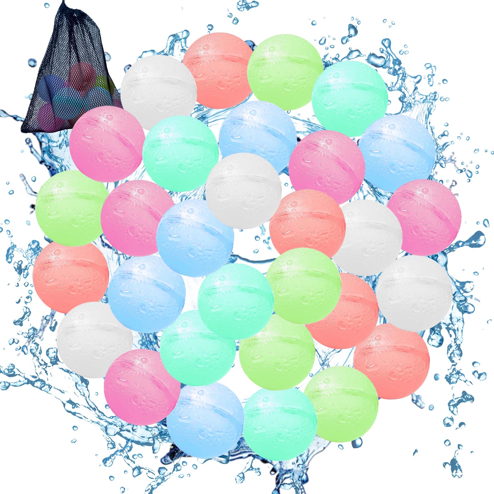 Pilikoll 30 Pcs Reusable Water Balloons for Kids Non-Magnet Self-Sealing Quick Fill Water Balloons with Mesh Bag Summer Silicone Water Balls for Kids,Adults, Beach,Pool Party Beach Water Toys