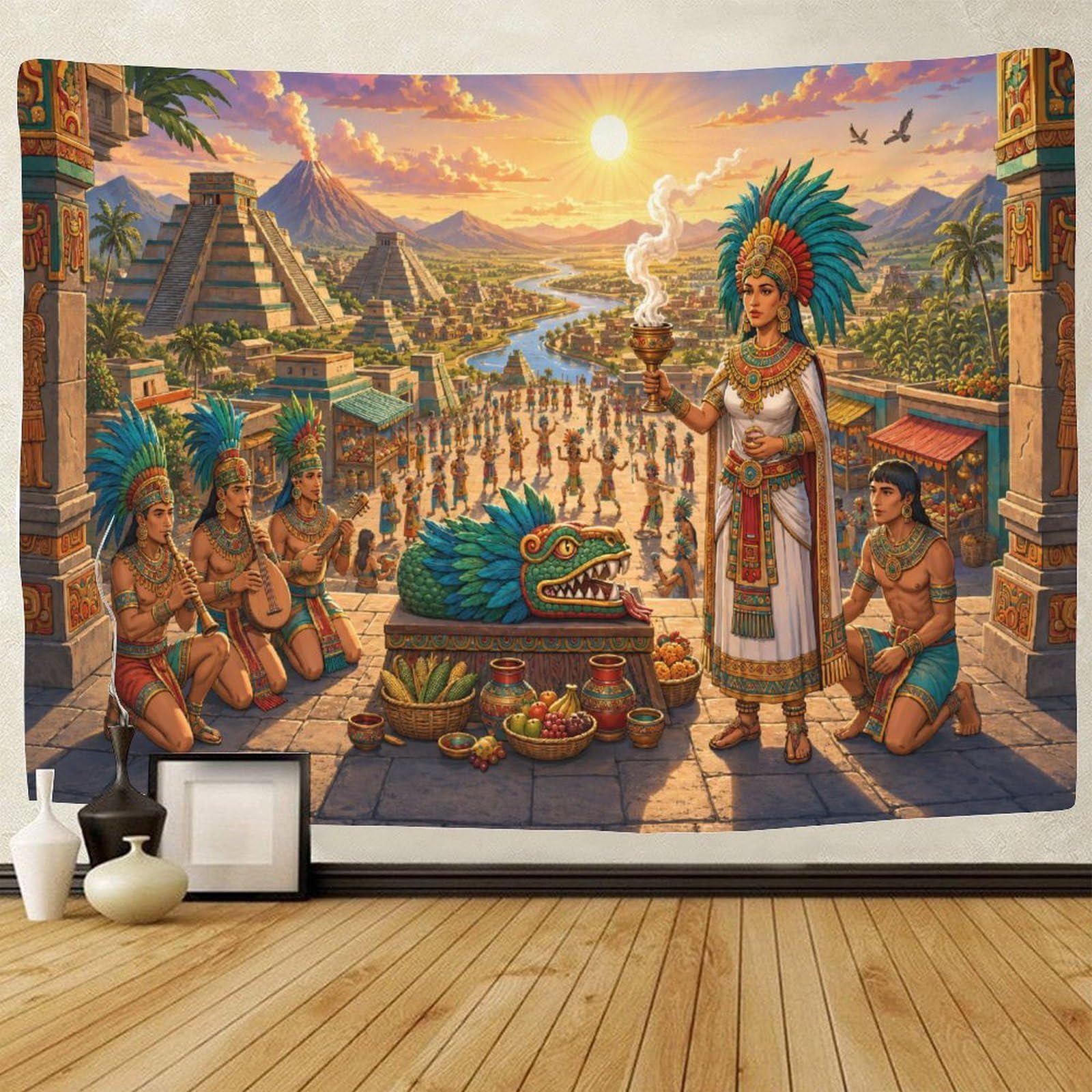 ASDFGHJKLZA Ancient Aztec 3D Print Wall Tapestry Wall Hanging Decor Mayan Pyramids Tapestries Poster Curtain Living Room College Dorm 100cmx150cm