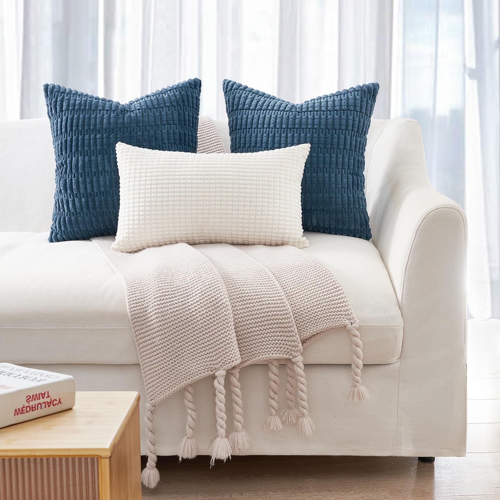Topfinel Dusty Blue Cushion Covers 40cm x 40cm,Corduroy Decorative Fluffy Pillows Cases,Cushions Cover 16x16 inches with Invisible Zipper for Sofa Bed Livingroom Bedroom,Pack of 2 - Image 4