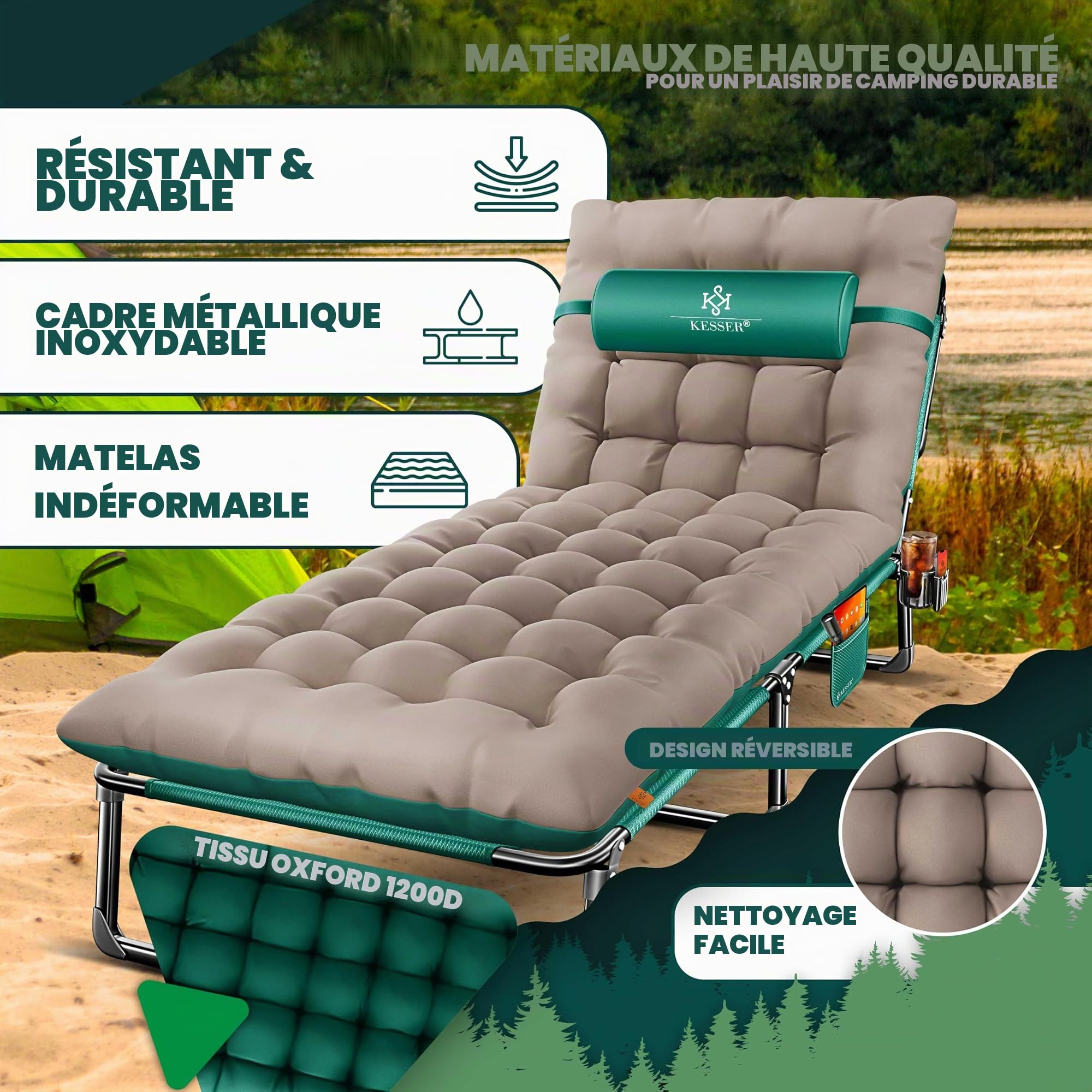 KESSER® Lit de camping pliable 190 x 68 x 30 cm - Charge maximale : 250 kg - En tissu Oxford et structure en acier robuste - Chaise longue pour camping avec sac de transport, coussin de nuque, poche