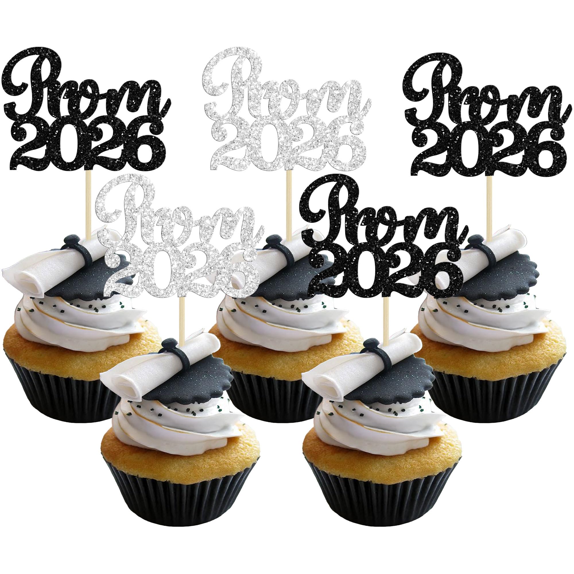 Ephlyn 30Pcs Prom 2026 Cupcake Toppers Glitter Prom Night Party 2026 Graduation Cupcake Picks Class of 2026 Cake Decorations for 2026 Graduation Prom Party Supplies Black Silver 1