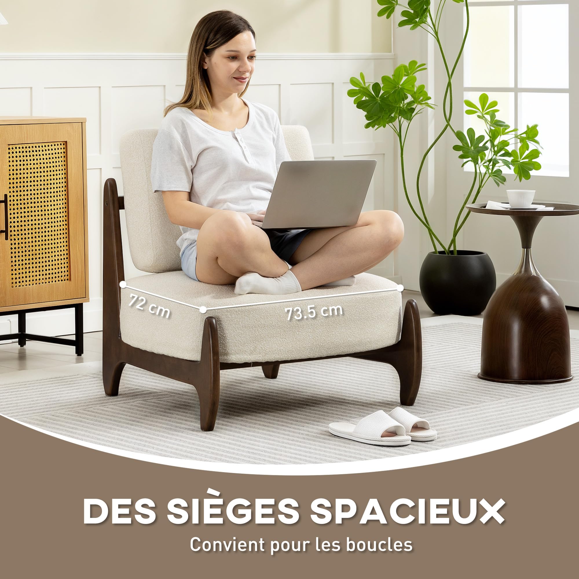 HOMCOM Fauteuil Salon en Chenille, Fauteuil Chambre Confortable Moderne avec Coussin épais, Assise rembourrée et Pieds en Bois d'hévéa, Chaise de Salon, Coins Lecture, Bureau à Domicile, crème