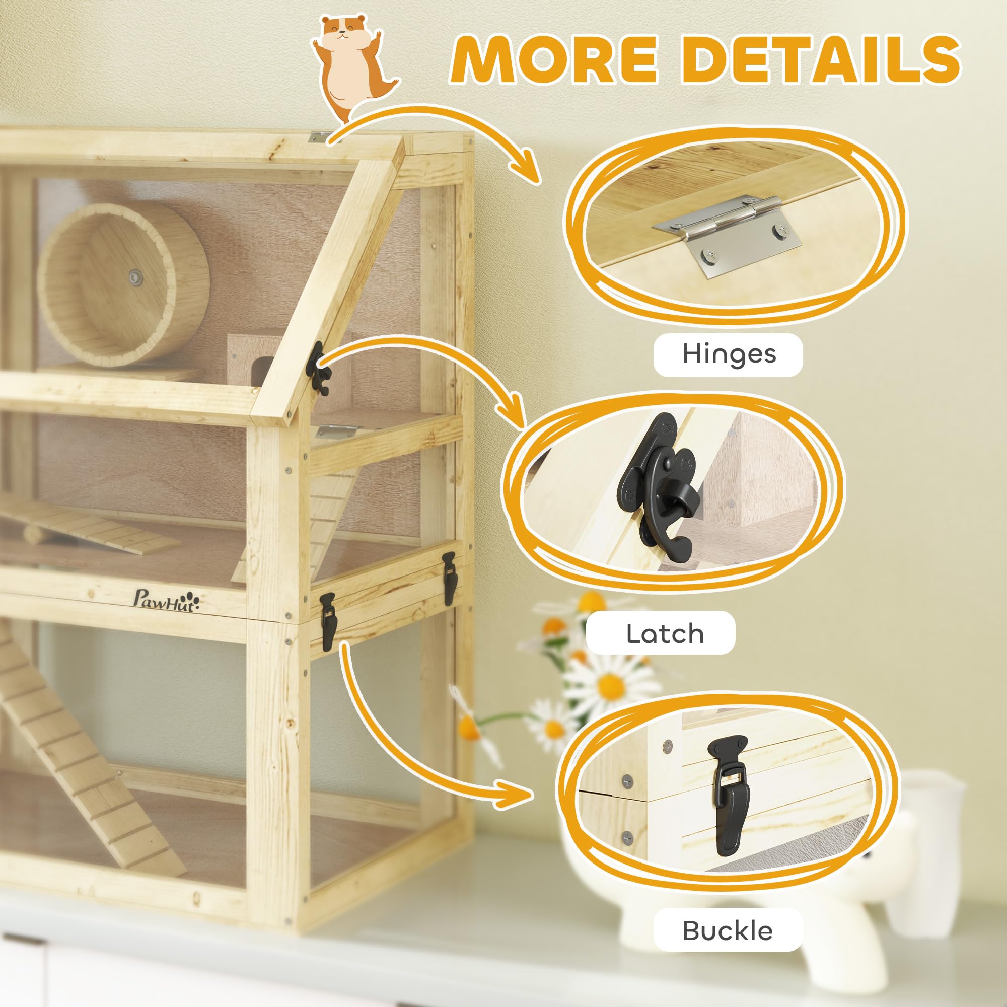 PawHut Jaula de madera para hámster, jaula de jerbo de 3 niveles con fondo desmontable de 32 cm de profundidad, cabaña, balancín, rueda de ejercicio, rampas, acabado de madera natural