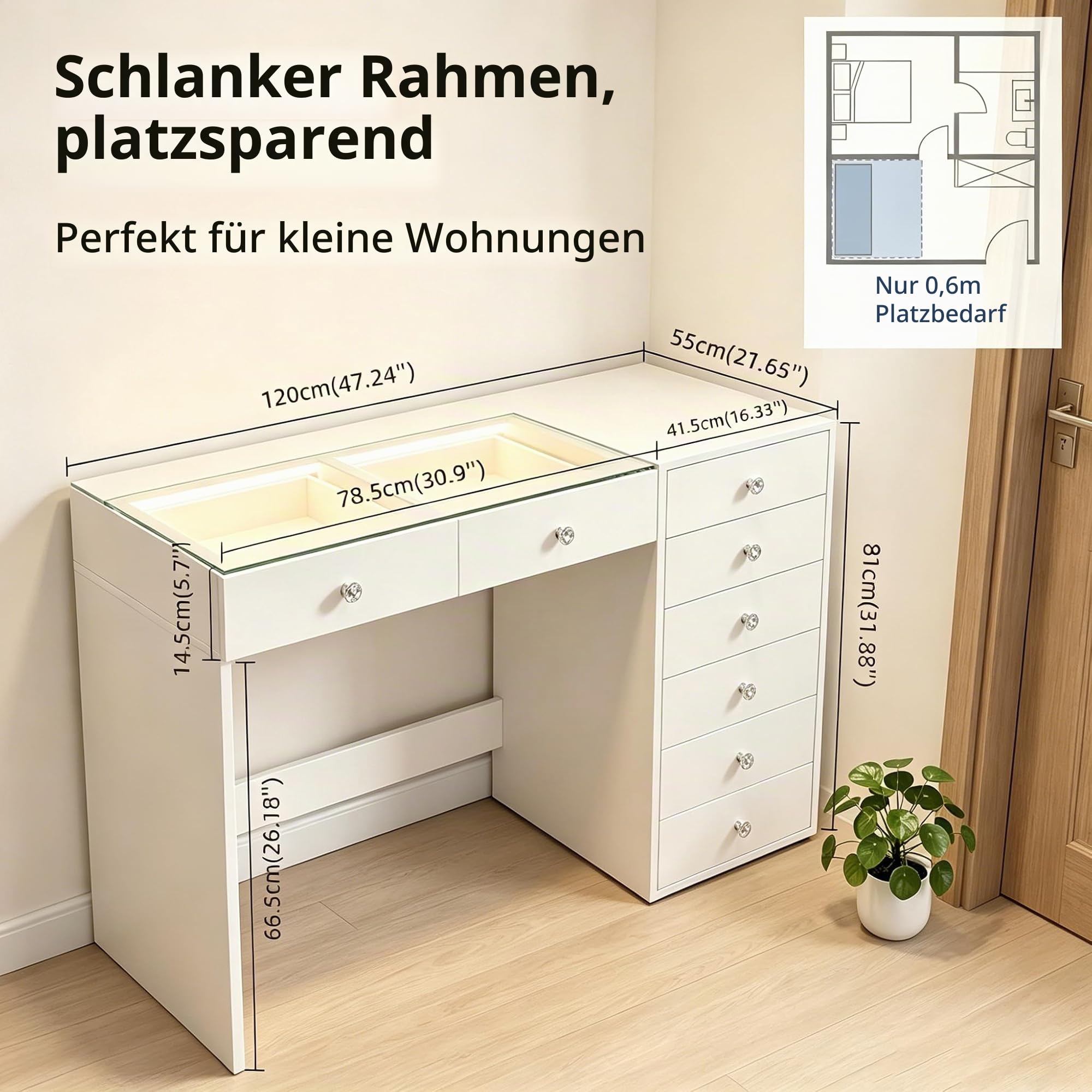 FENCHILIN Schminktisch mit Beleuchtung 8 großen Schubladen 120 x 55 x 81cm