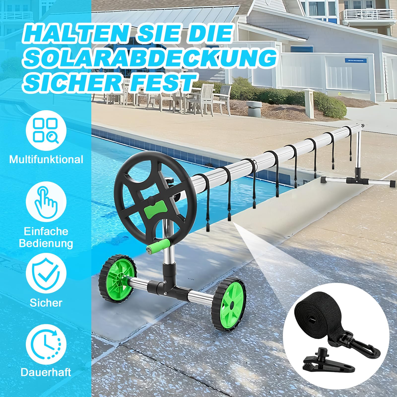 Pool Aufroller Aufrollvorrichtung, Pool Solarabdeckungs Set - 8 Haltebänder & 8 Klammern & 8 Klettverschlüsse, Fahrbares Aufrollsystem für Pool-Planen,Abdeckungen