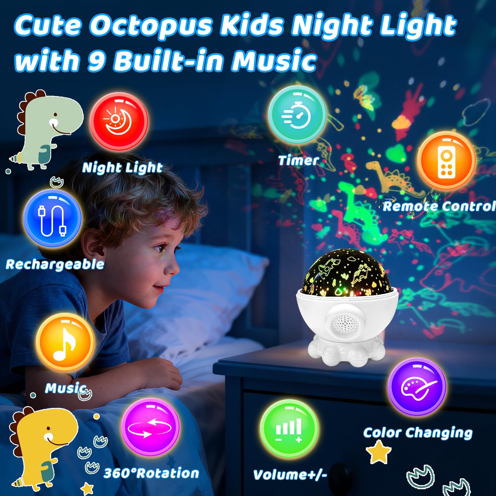 Proyector de luz nocturna para niños, 17 modos de luz, proyector de estrellas oceánicas con rotación de 360°, 3 películas de proyección y 9 canciones de cuna, lámpara de noche para guardería con