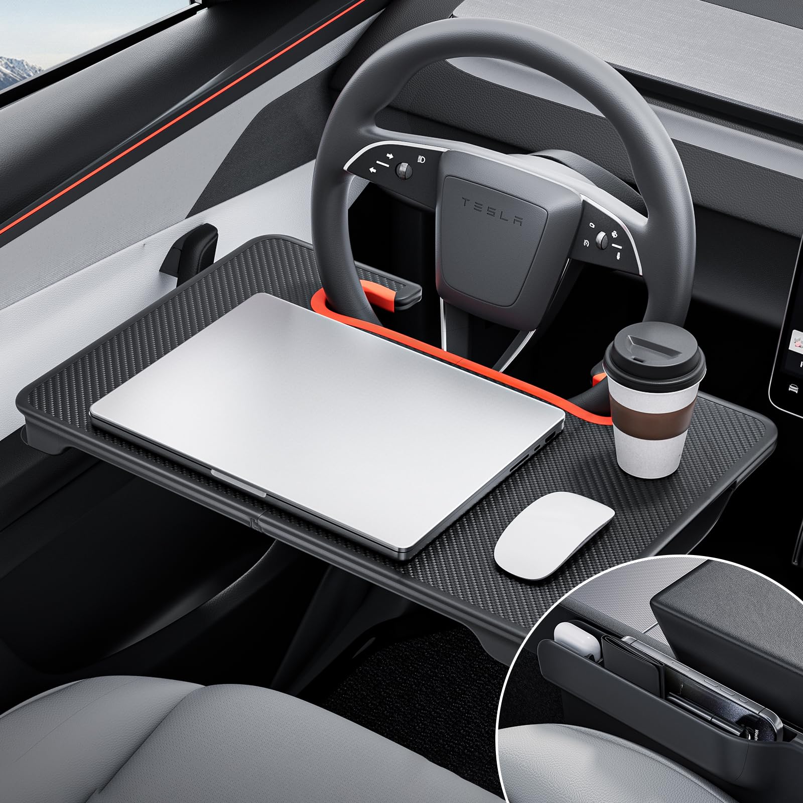 Photo 1 of YONZEE 2-in-1 Car Steering Wheel Desk Tray & Car Seat Gap Filler Organizer – Foldable Carbon Fiber Look Table for Laptop, Eating, Writing – for Standard Round Steering Wheels