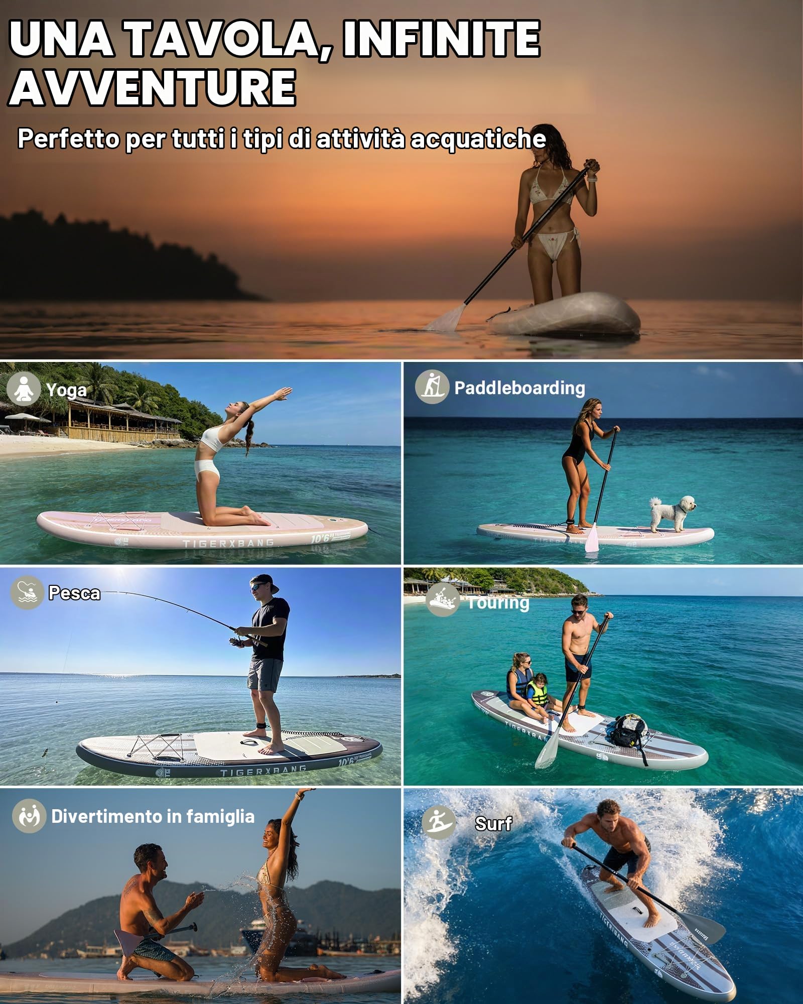 TIGERXBANG Tavola SUP Gonfiabile con Accessori, Stand Up Paddle Board Antiscivolo in EVA, SUP Gonfiabile 320cm per Adulti e Ragazzi, Ideale per Mare, Lago e Fiume