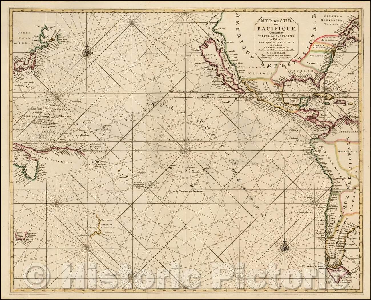 Historic Map - Mer De Sud Ou Pacifique Contenant L'Isle de Californe les Costes de Mexique, Du Perou, Chili et le Detroit de Magellanique, 1700, Pieter Mortier - Vintage Wall Art 44in x 36in