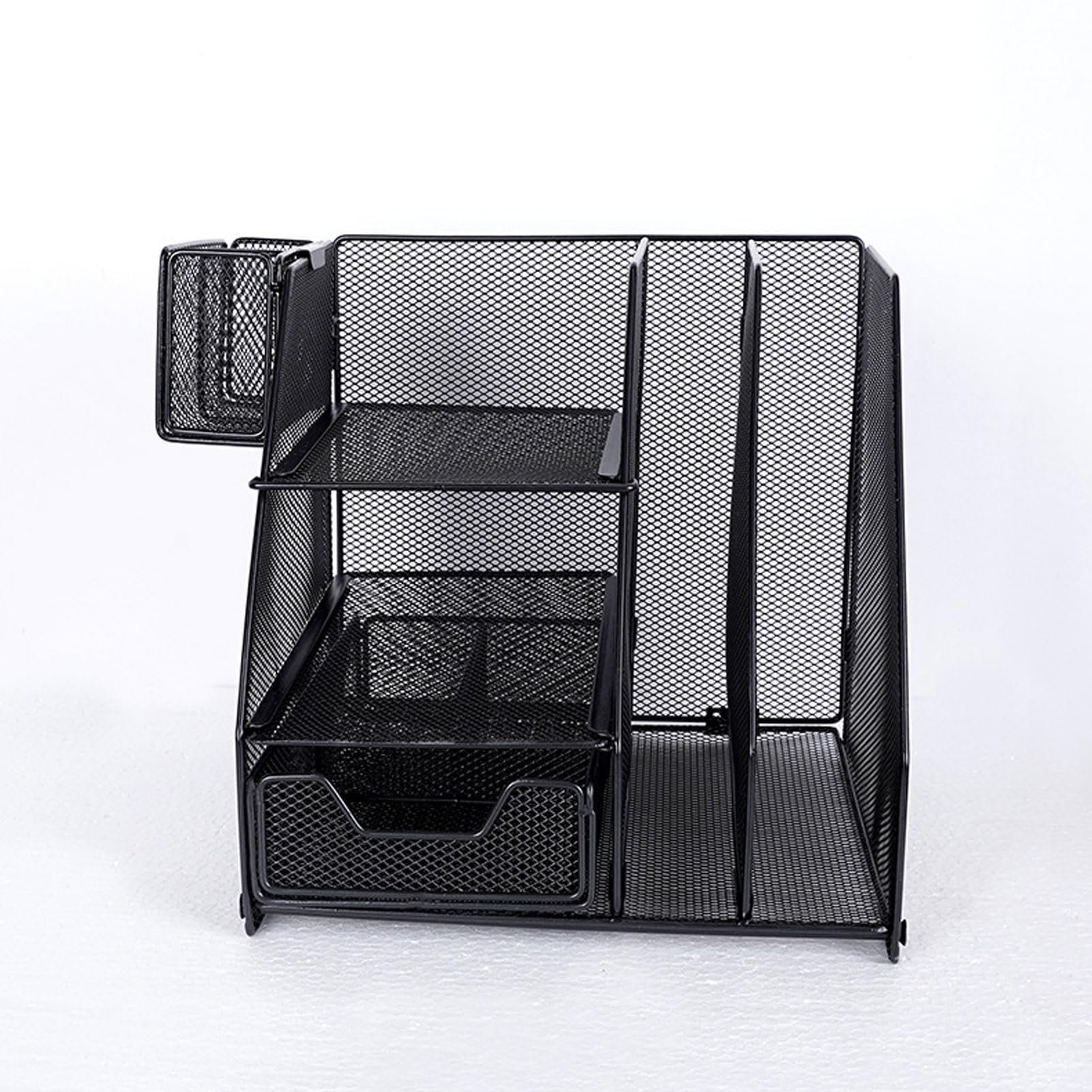 Organizer da scrivania efficiente in rete di ferro a 3 ripiani con cassetto per forniture per ufficio, nero