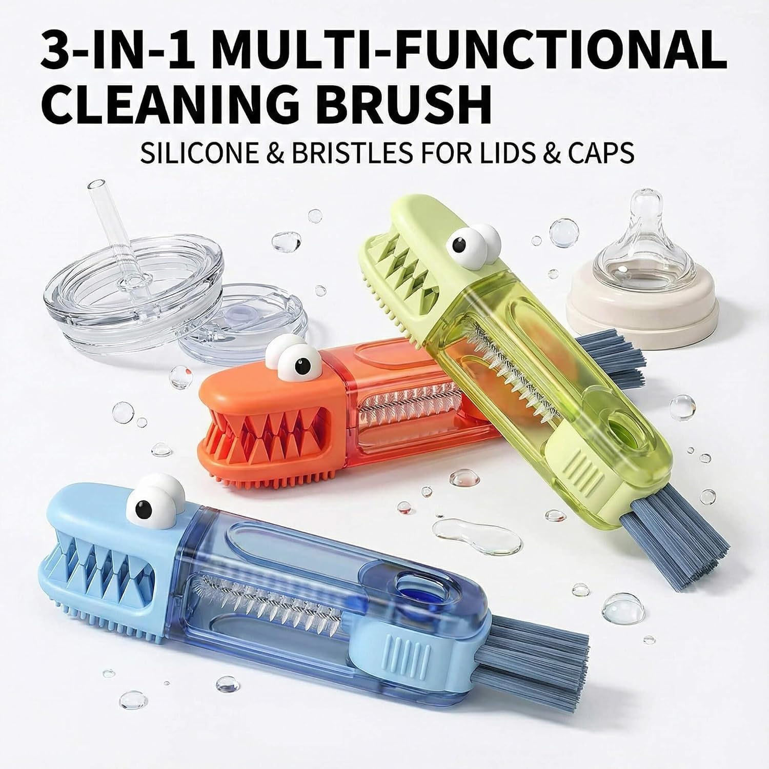3 in 1 Cup Lid Cleaning Brush, 360° Rotating Bottle Brush for Water Bottles, Multifunctional Crevice Cleaner for Tumblers Kitchen (Crocodile)
