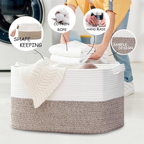 Miniatura 7 de COMFY HOMI - Cesta de lavandería grande para organizar, cesta rectangular de cuerda de algodón con asas, cesta de manta para sala de estar, cesta de