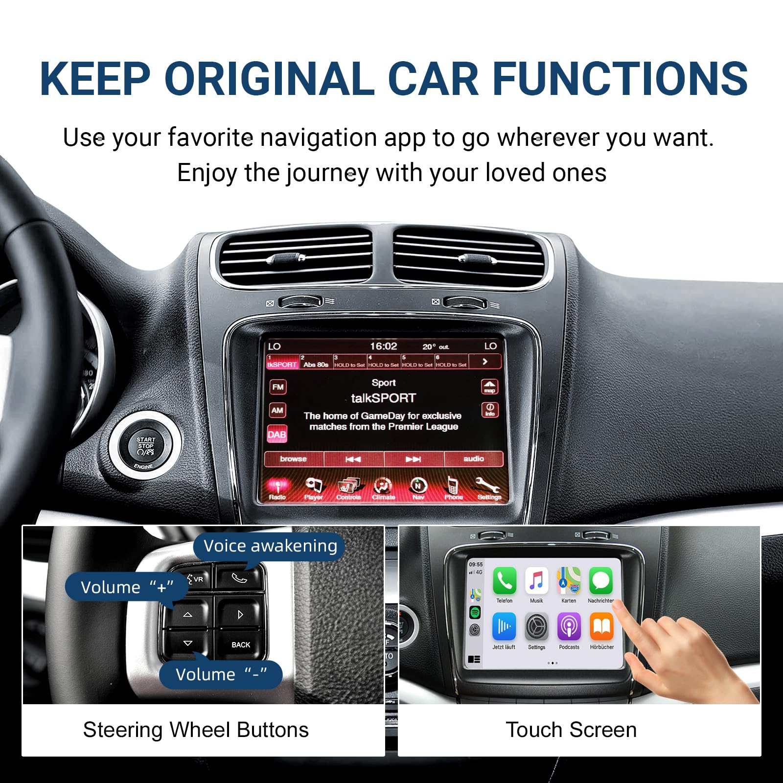 EZoneTronics Kit decodificador inalámbrico CarPlay y Android Auto para Fiat Freemont/Chrysler 300C/Dodge/Maserati, Plug & Play Adaptador CarPlay con SWC/WiFi/Bluetooth/Control por Voz/Navegación GPS
