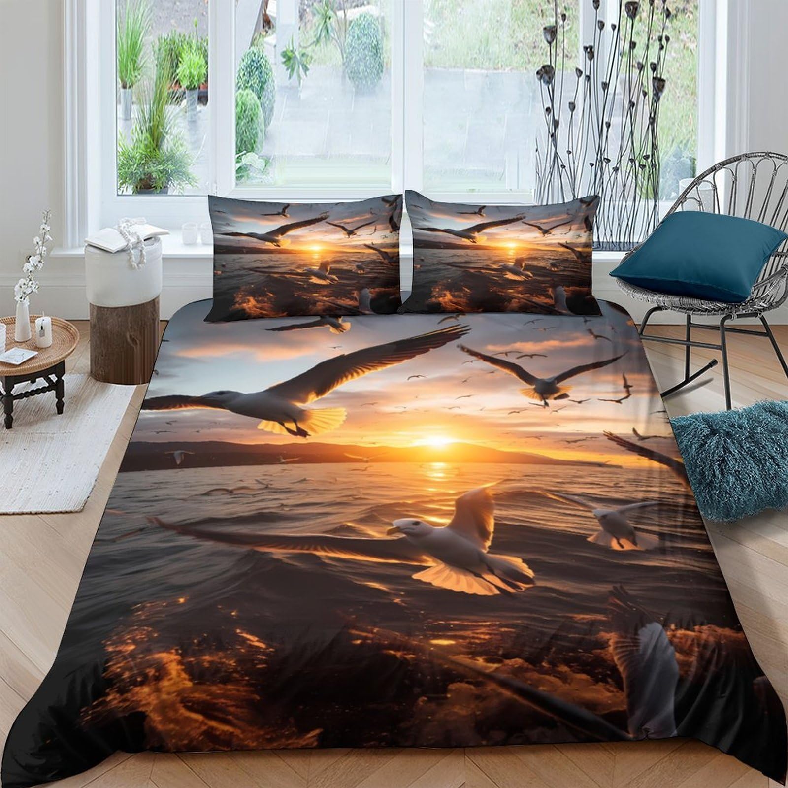 Ctjqhvkz Style-10 3D Printed Sunset Ocean Fitted Sheet Microfiber Soft Seagull Mattress Cover For Bedroom Guest Room Decoration Protection Single（135X200cm）