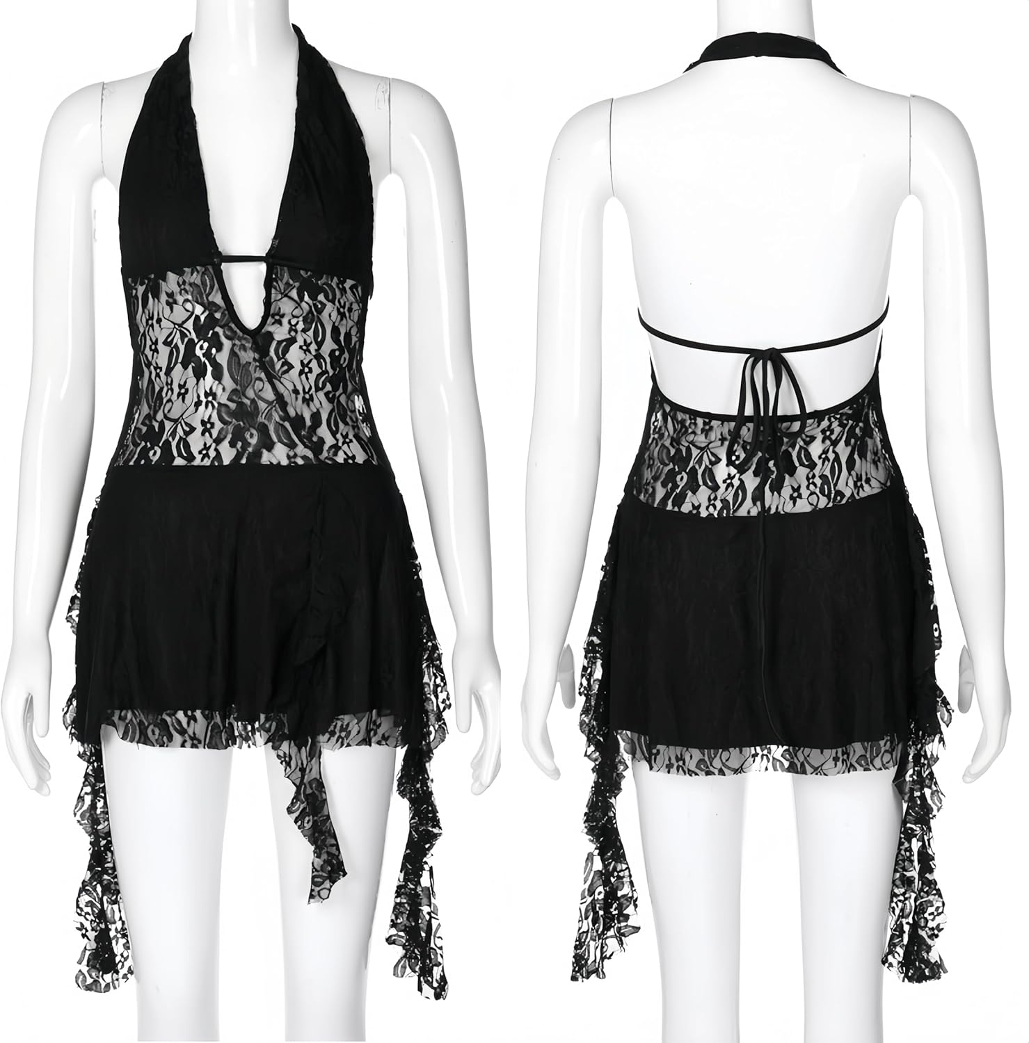 ZGMYC Women’s Sexy Open Back Sheer Lace Mini Dress Plunging Halter Ruffles Bodycon Short Dress Y2K Club Dresses - Image 6