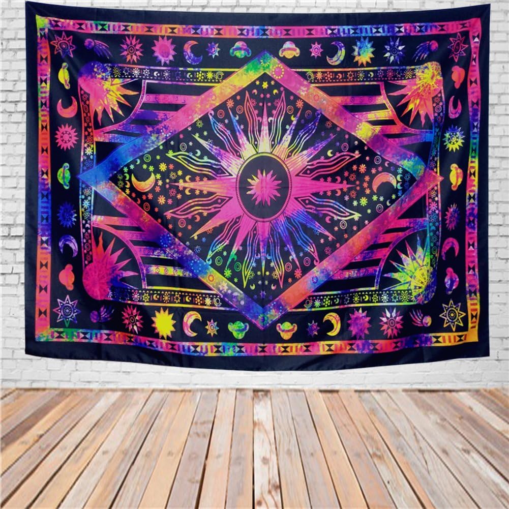 Racunbula Tapestry Psychedelic Celestial Sun and Moon Tapestry Bohemian Stars Planet Wall Tapestries Tie Dye Purple Burning Sun Tapestry Galaxy Mandala Boho Hippie Tapestry Wall Hanging