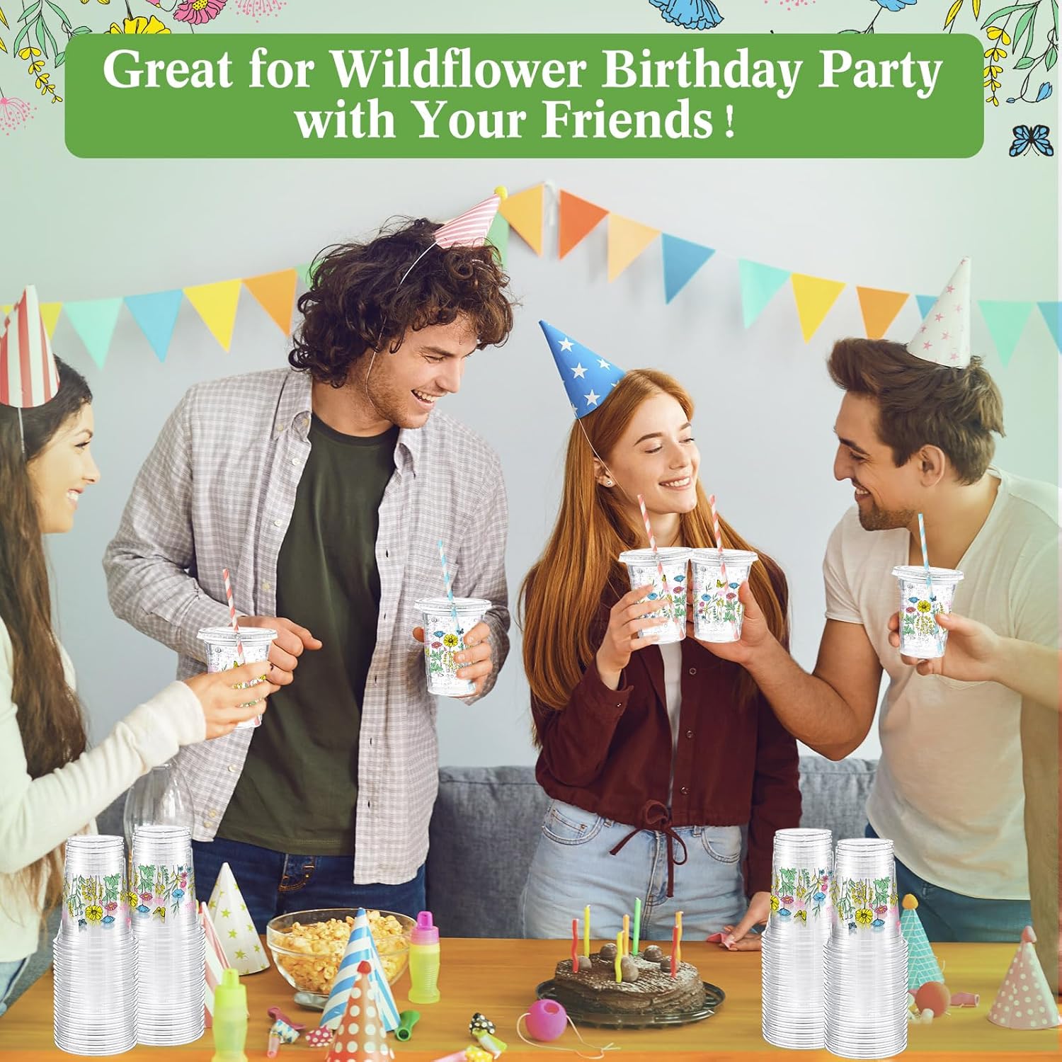 50 Pcs Spring Wildflower Disposable Cups with Lids and Straw 12 oz Floral Plastic Cups Flower Drinking Cups for Spring Summer Birthday Tea Party Baby Shower Party Supplies - Image 4