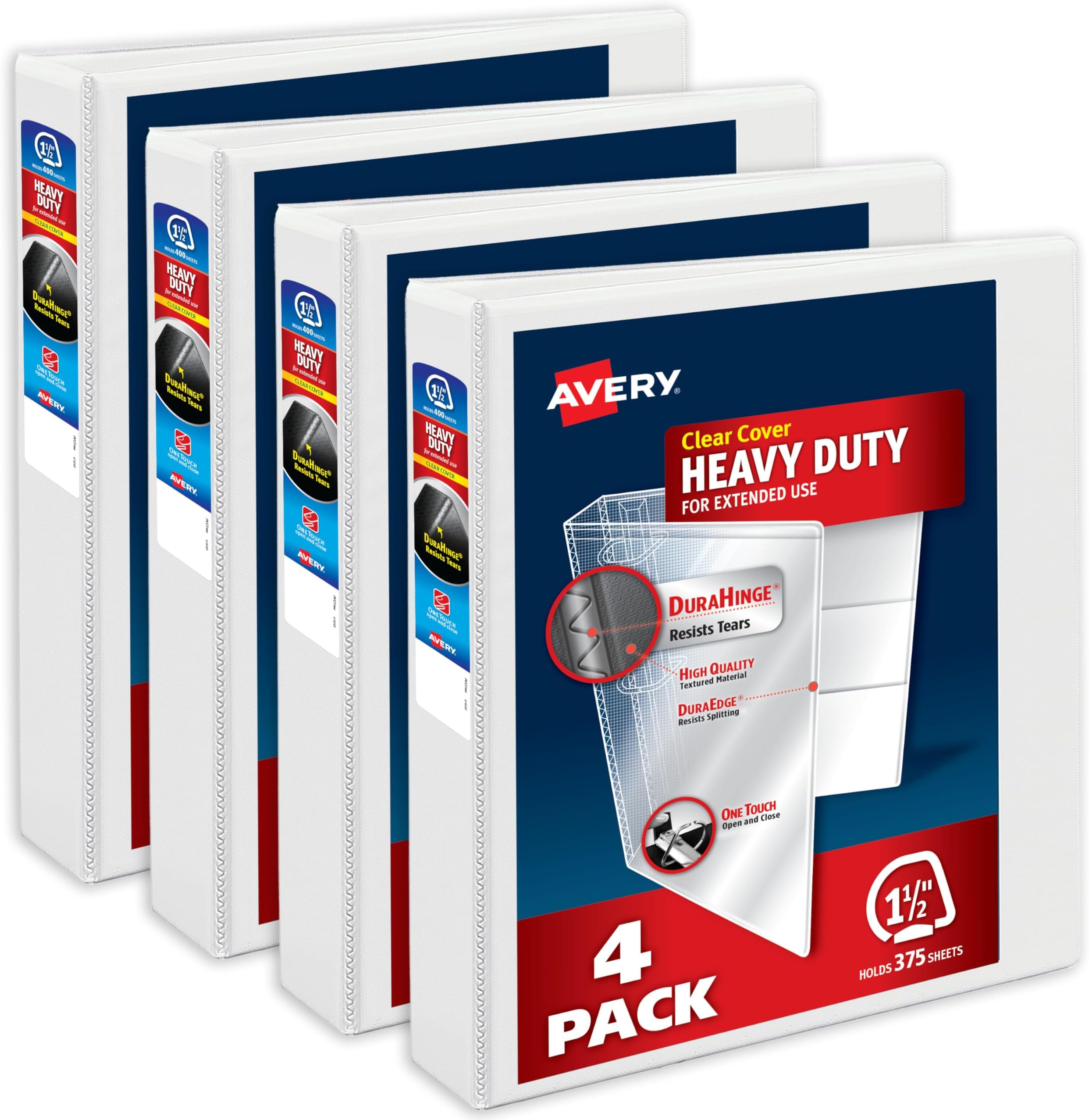 Heavy-Duty View 3 Ring Binders, 1.5 Inch One Touch Slant Rings, DuraHinge, 2.1 Inch Wide Spine, Customizable Clear Cover and Spine, White Binders (4-Pack of 79781)