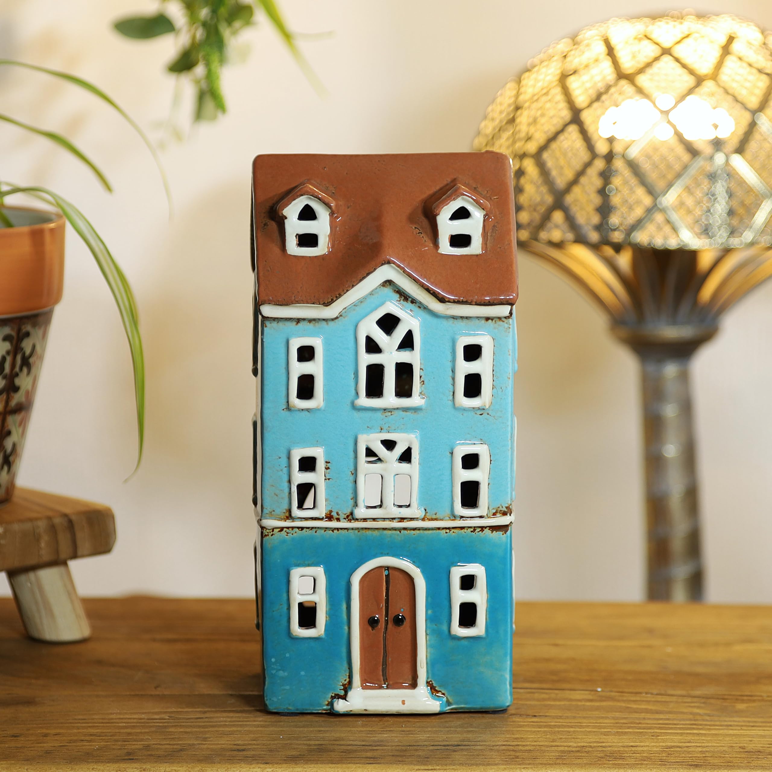 Christmas Ceramic Tealight House Tall Tealight Candle Holder Village Pottery Cottage Xmas Festive Shelfsitter Ornament Gift