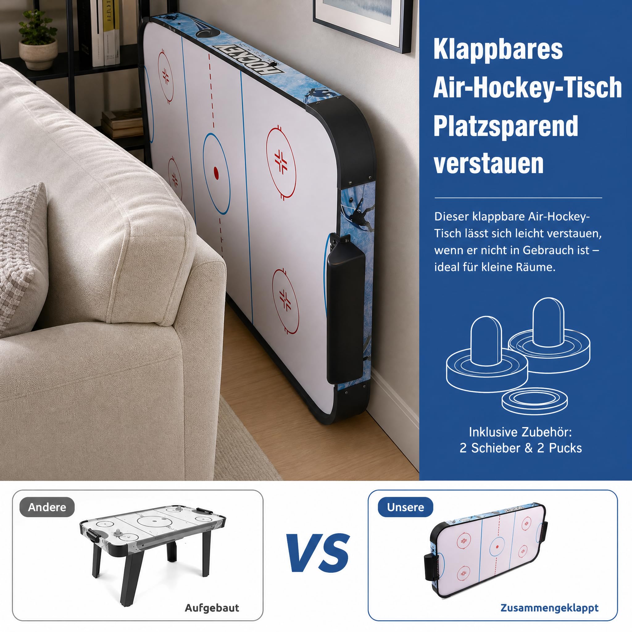 hotsizz Air Hockey Tisch, faltbar, 138 × 61 × 76 cm, ausgestattet mit zwei Schlägern und zwei Pucks, geeignet für Erwachsene und Kinder.