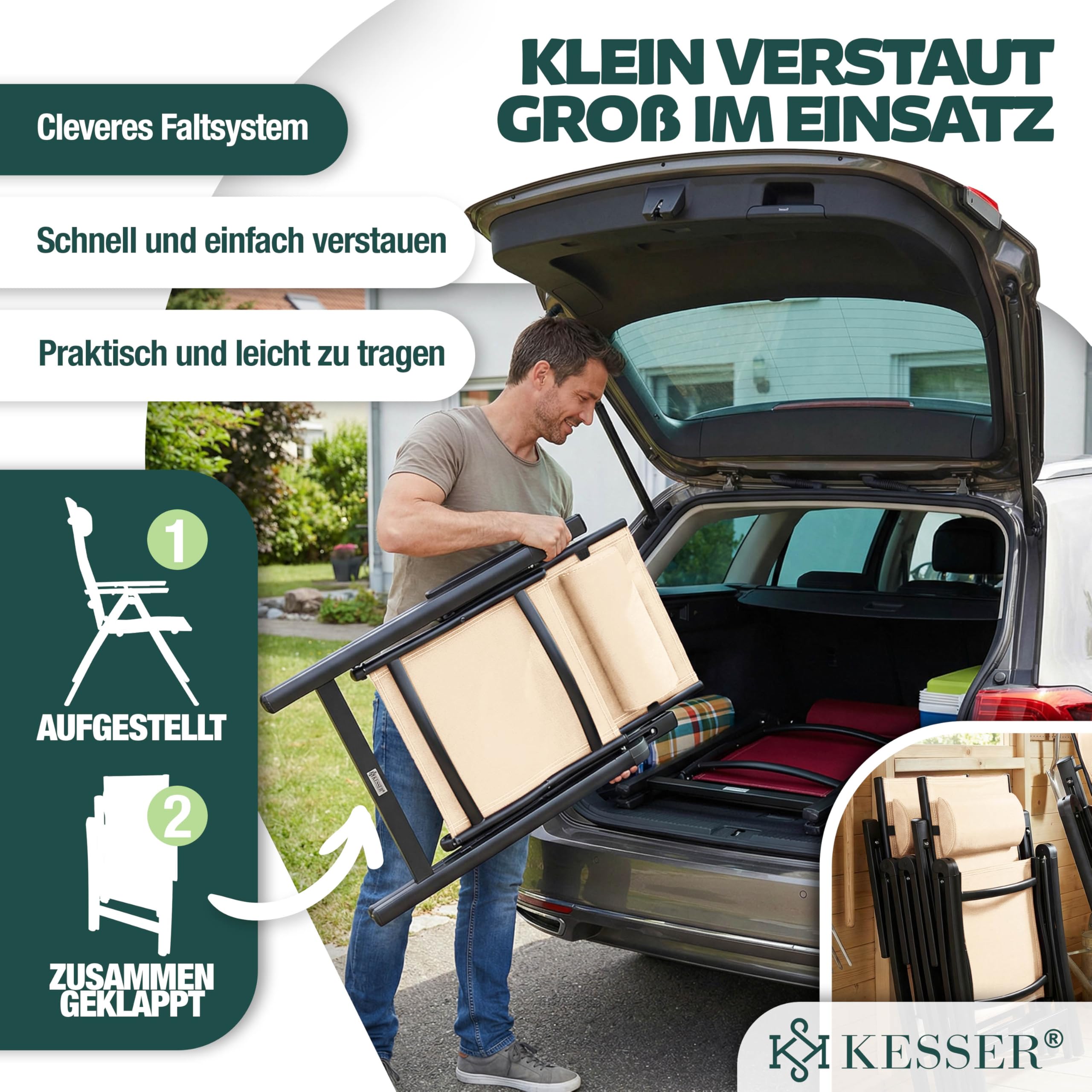 KESSER® Sedia da giardino con schienale Alto, con braccioli, in alluminio, con cuscino, regolabile in 7 posizioni, Resistente Alle Intemperie, pieghevole, 1 Unidad, Beige