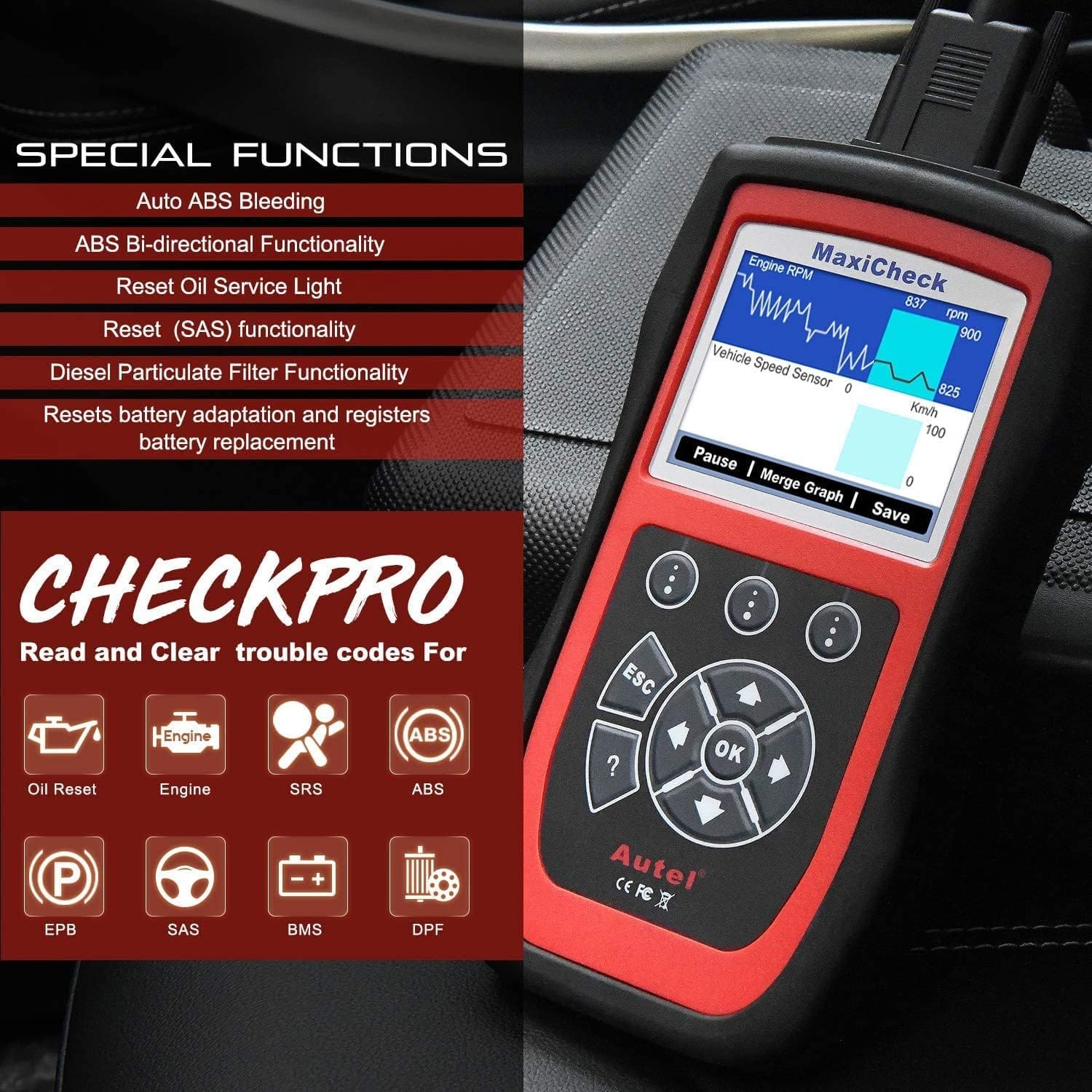 Autel MaxiCheck Pro Herramienta Escaneo Purga Automática Purga Frenos ABS | Escáner Diagnóstico OBD2 ABS SRS, Reinicio Aceite, BMS, EPB, Airbag, Servicios SAS para Vehículos Específicos