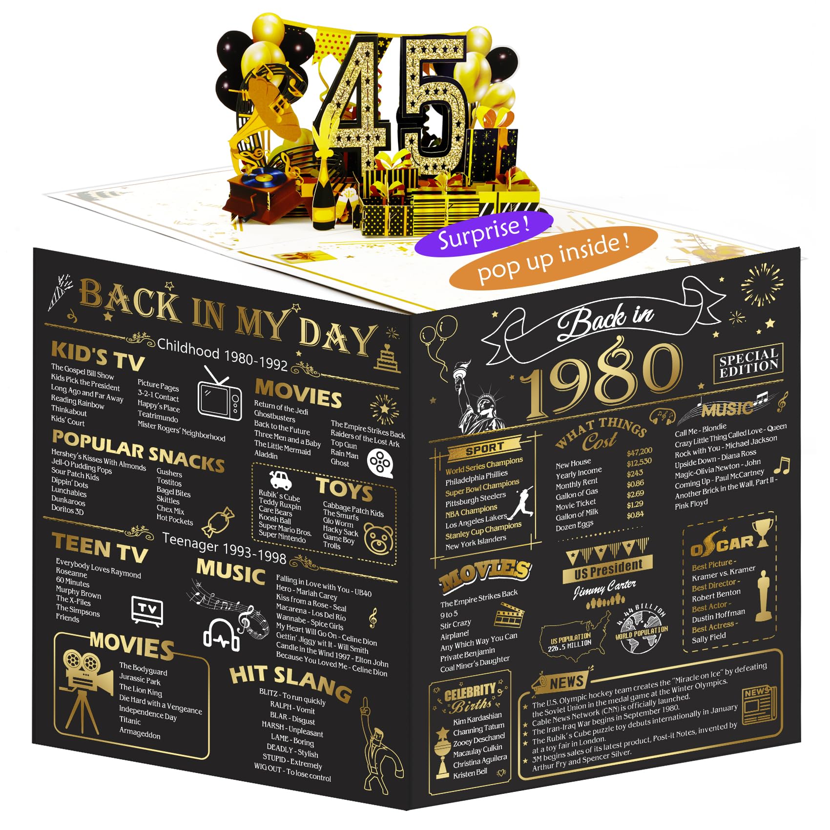 OLOSONG 45th Birthday Card for Men Women, 3D Pop Up 45th Birthday Gifts Cards for Him Her, Back In 1980 Funny 45 Year Old Birthday Decorations
