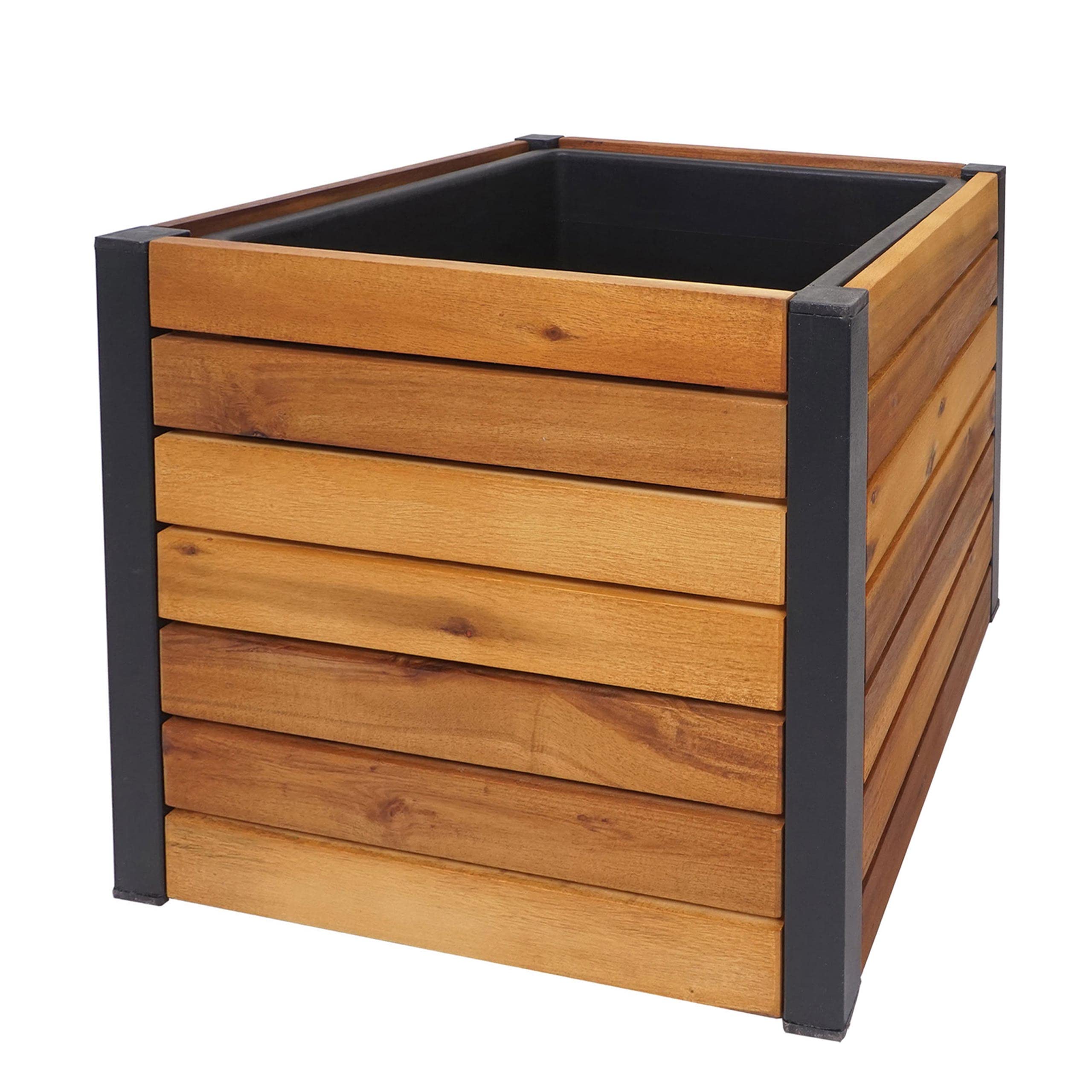 Jardinera HWC-L23, Maceta Grande para Exteriores, Madera de Acacia, Aluminio con Certificado MVG, 32 x 34 x 34 cm, Marrón | Jardinera elevada, exterior, madera, certificación FSC®, aluminio