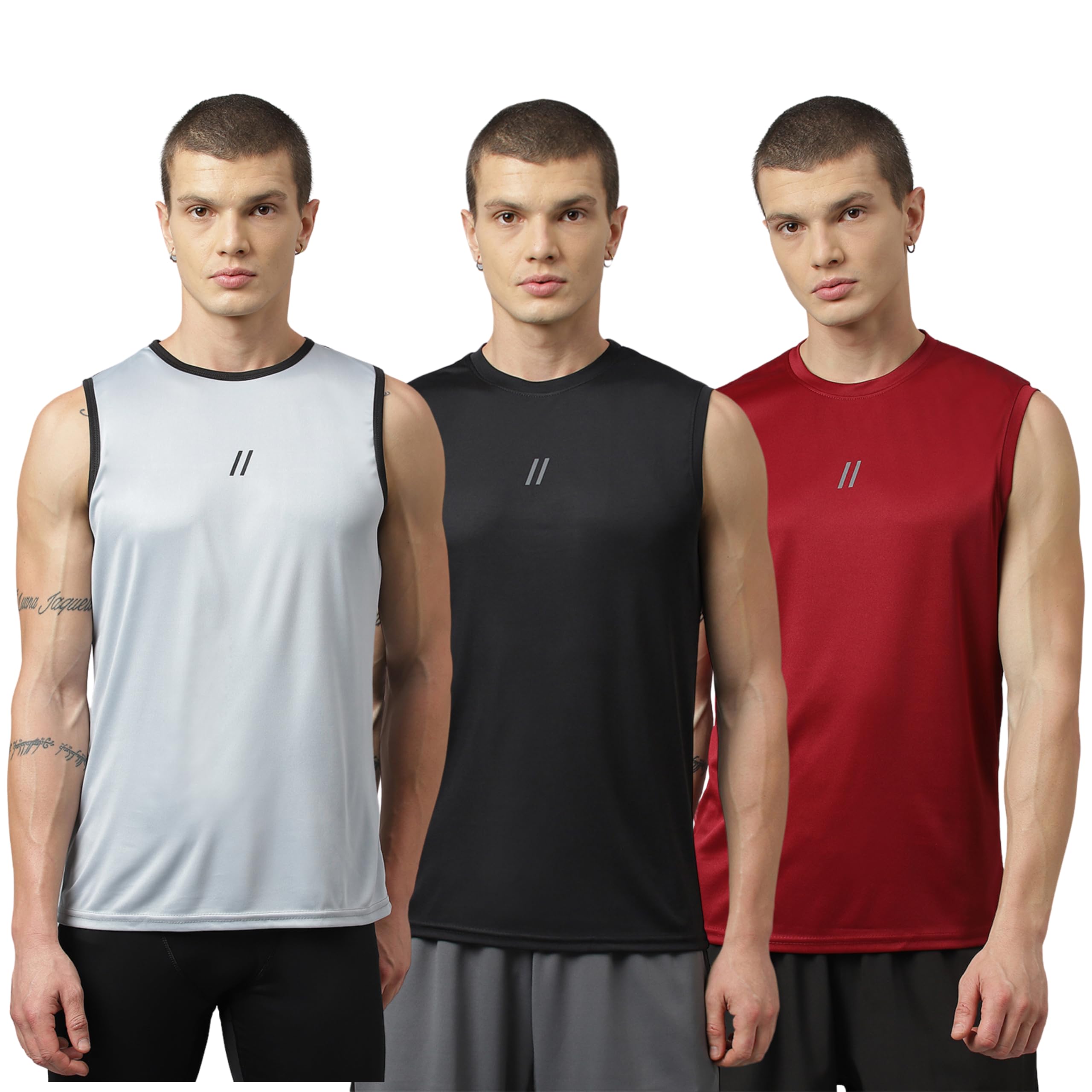 ATICX Men’s Polyester Sports Sleeveless T Shirt Combo Pack of 3 - Gym Vest, Workout Sando, Training Tank Top, Cut Sleeve