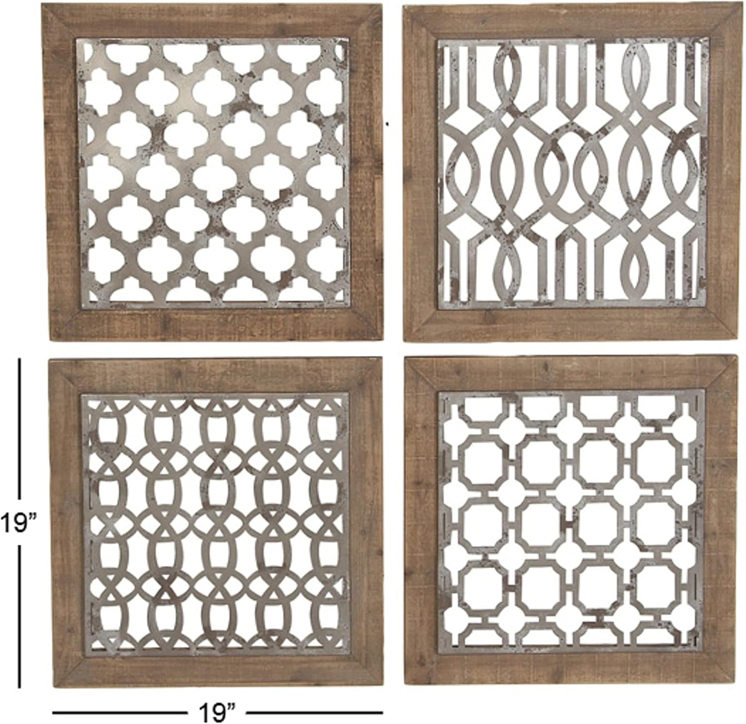 Rustic Farmhouse Iron & Wood Geometric Wall Decor Set, 19" Square