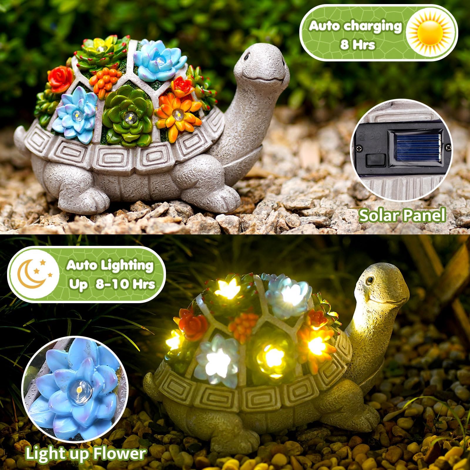 Goodeco Solar Schildkröten Statue Garten Dekorationen,Gartenschildkröte Figur Dekor mit Sukkulente und 7 LED Leuchten Dekor für Terrasse,Balkon,Rasen - Einzigartige Einweihungs Geschenke