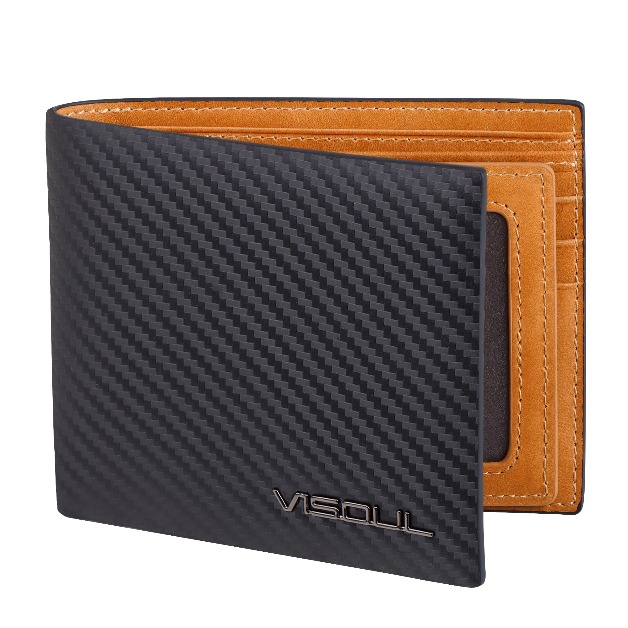 VISOUL Mens Carbon Fiber Leather Bifold Wallet with 2 ID Windows, RFID Blocking Stylish Wallet for Men with 2 Cash Compartments (Black+Yellow)