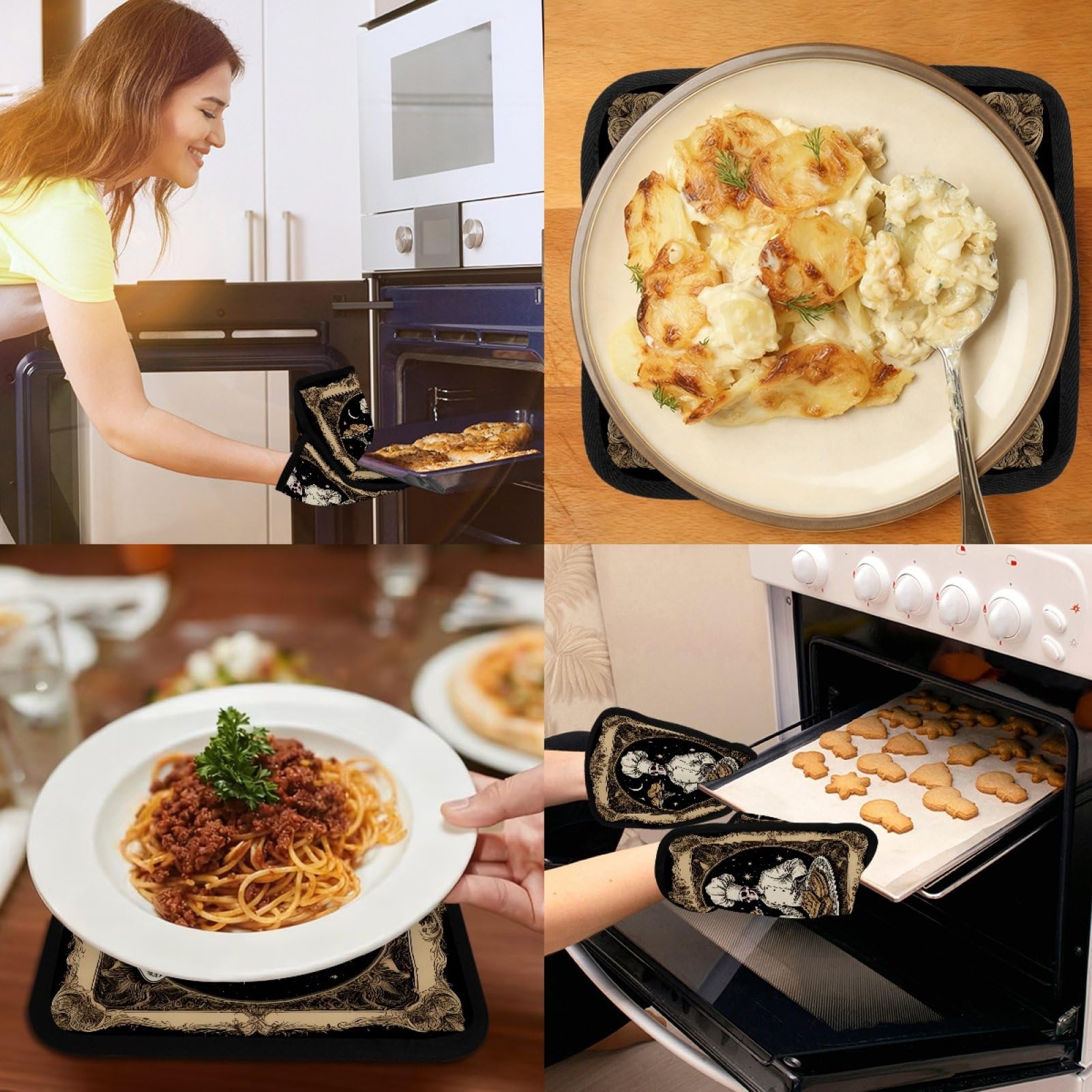 Presine con scheletro gotico con tasche, divertenti regali da forno, resistenti al calore, guanti da forno caldi per cucina, forno, presine per cucina