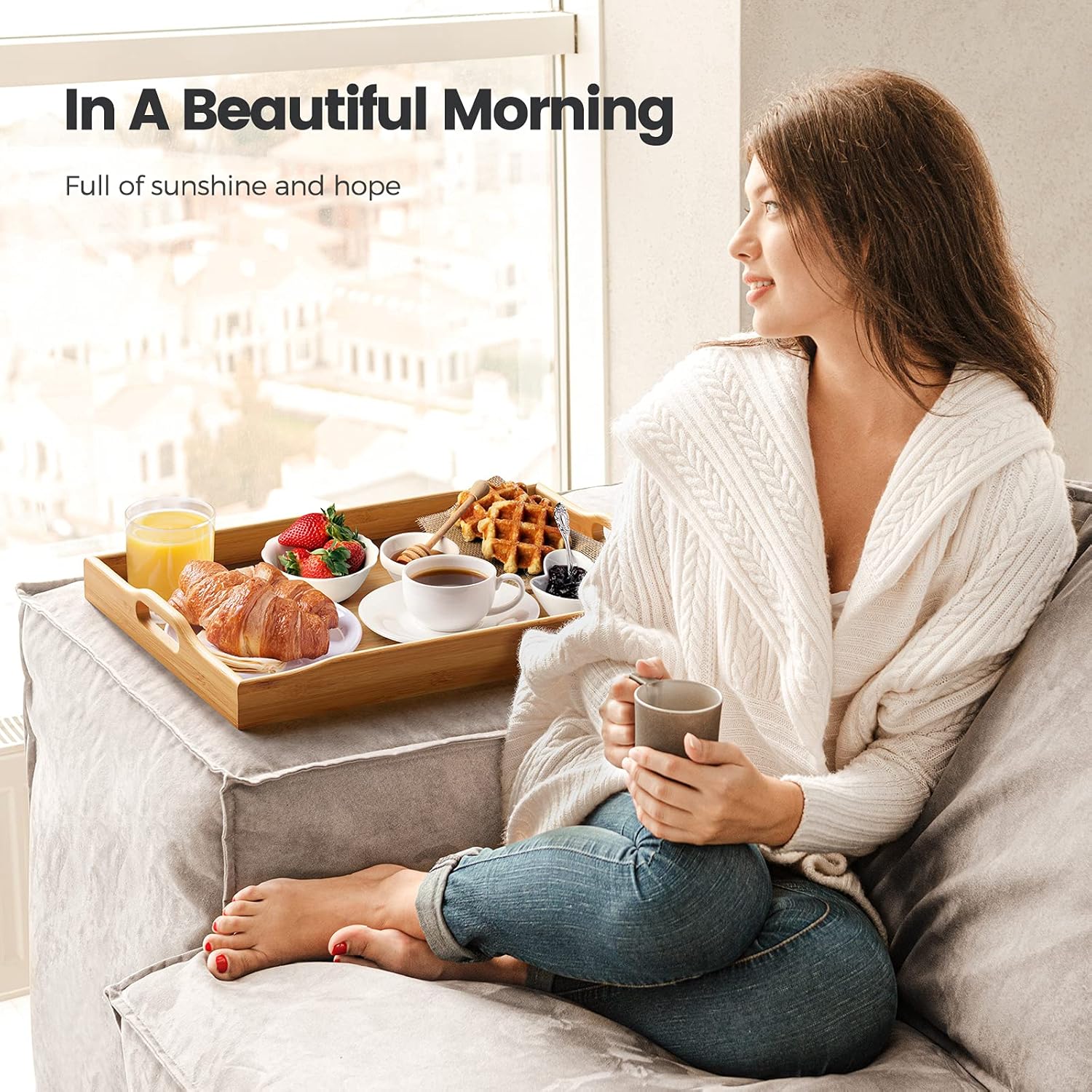 3 Pack Bamboo Serving Tray Food Tray & Bamboo Stackable End Tables : Home & Kitchen