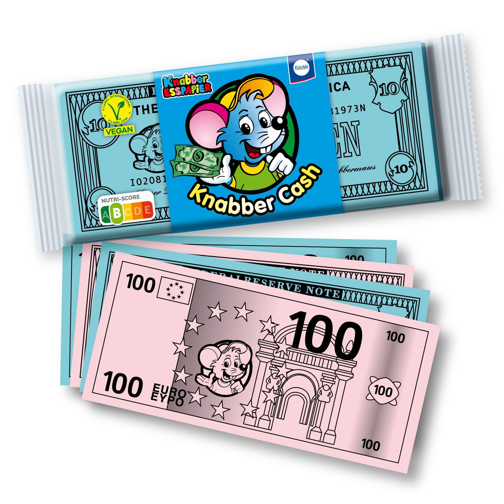 Küchle Knabber-Cash Geldscheine 20g | Absoluter Knabber-Spaß | Als Überraschung oder für Kindergeburtstage | Kinder-Oblaten | Vegan | 1 x 20g