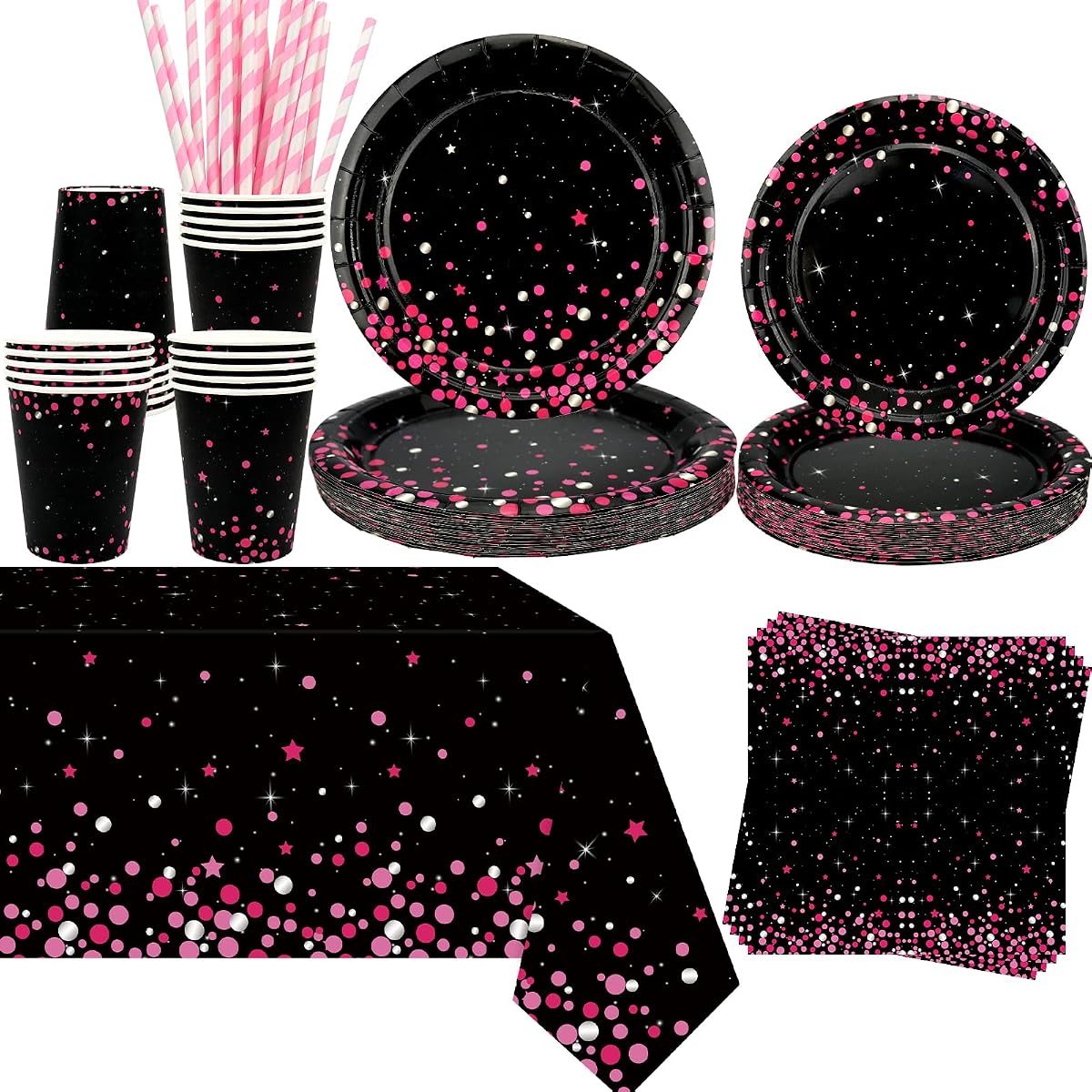 Decoración de fiesta rosa y negro – Suministros de vajilla para fiesta de cumpleaños rosa y negro, incluye platos, vasos, servilletas, mantel y pajitas (20)