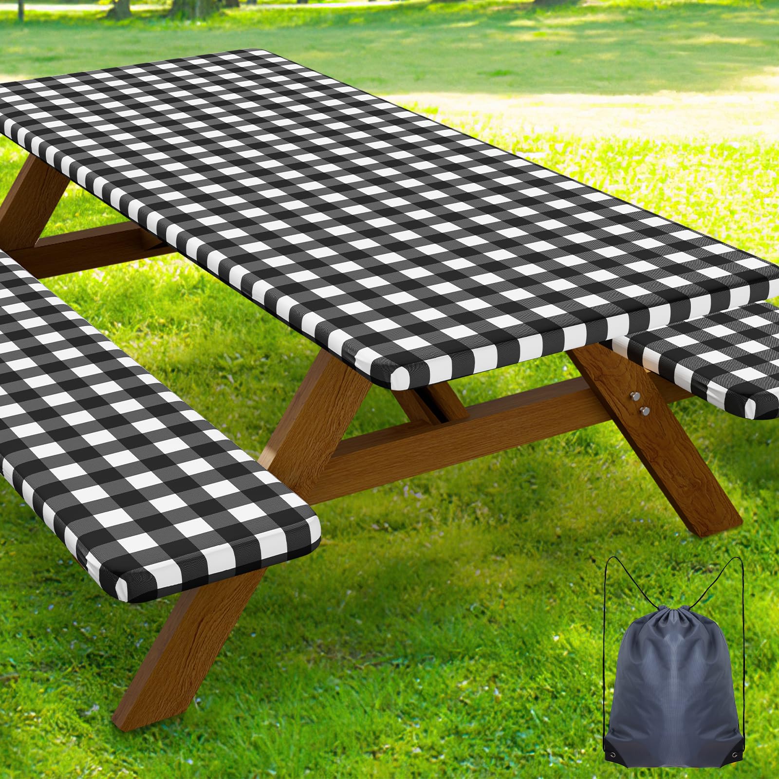 Smiry Picnic Table Cover with Bench Covers, Waterproof Elastic Fitted Tablecloths for 8 Foot Rectangle Tables, Washable Buffalo Plaid Tablecloth for Camping, Outdoor (Black & White, 30"x96")