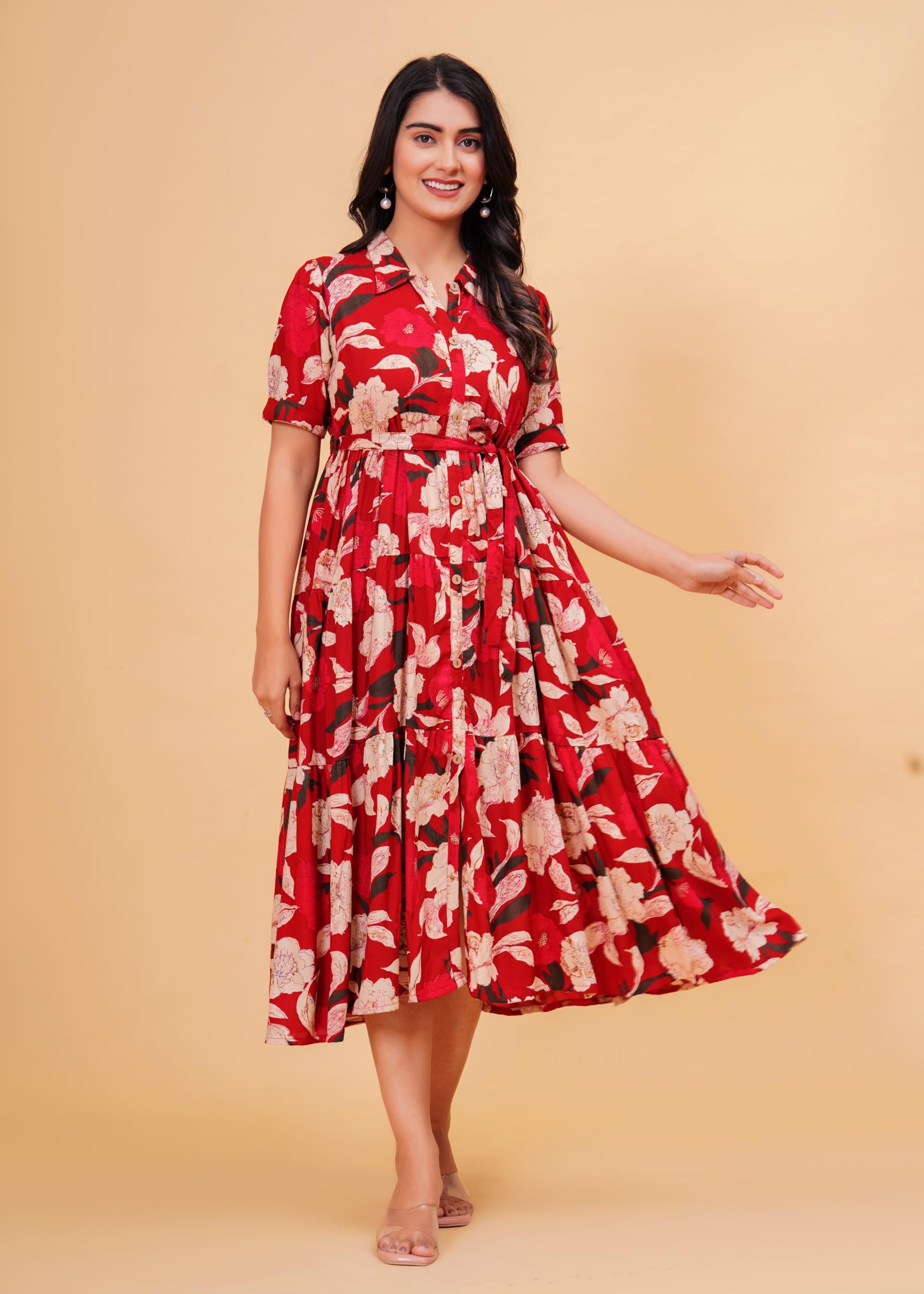 Jikonet Women's Western Dress Floral Printed Cotton Maxi Dress, (X-Small, Ajax Red)