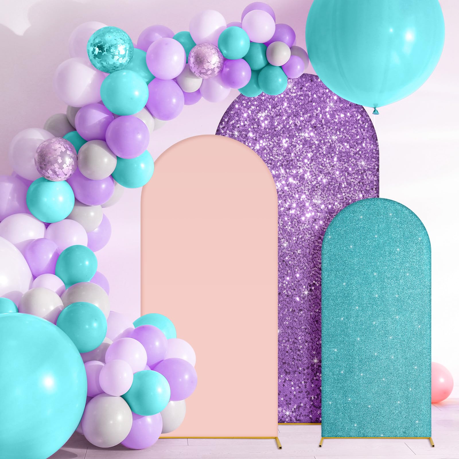SmoothNovelty 3 Pcs Glitter Stretchy Spandex Fabric Fitted Arch Backdrop Stand Cover 4ft, 5ft, 6ft, Shiny Round Arched Backdrop Cover for Wedding Birthday Party Anniversary (Purple, Blue, Pink)