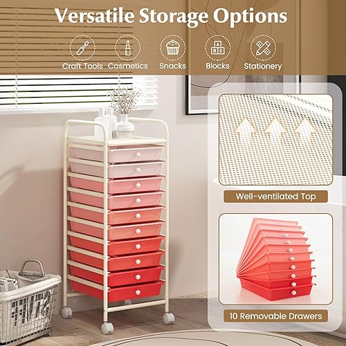 Miniatura 4 de RELAX4LIFE Organizador de manualidades y carrito de almacenamiento, carrito rodante con 10 cajones, ruedas con cerradura para herramientas, carrito